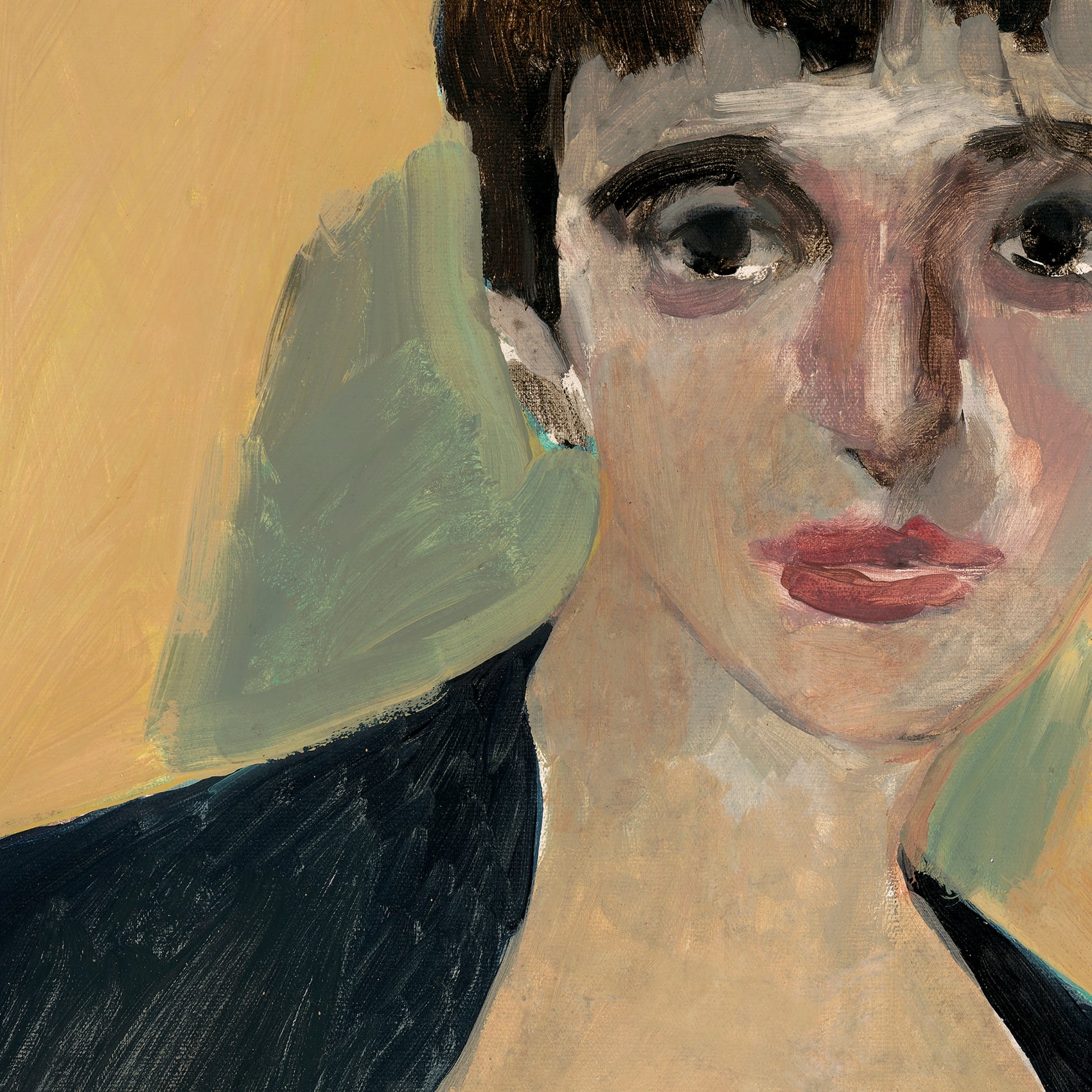 Artistic depiction of a person wearing a green hat with a neutral background Girl with Short Hair – Portrait Canvas Art | Luxury Wall Decor | Brume Art