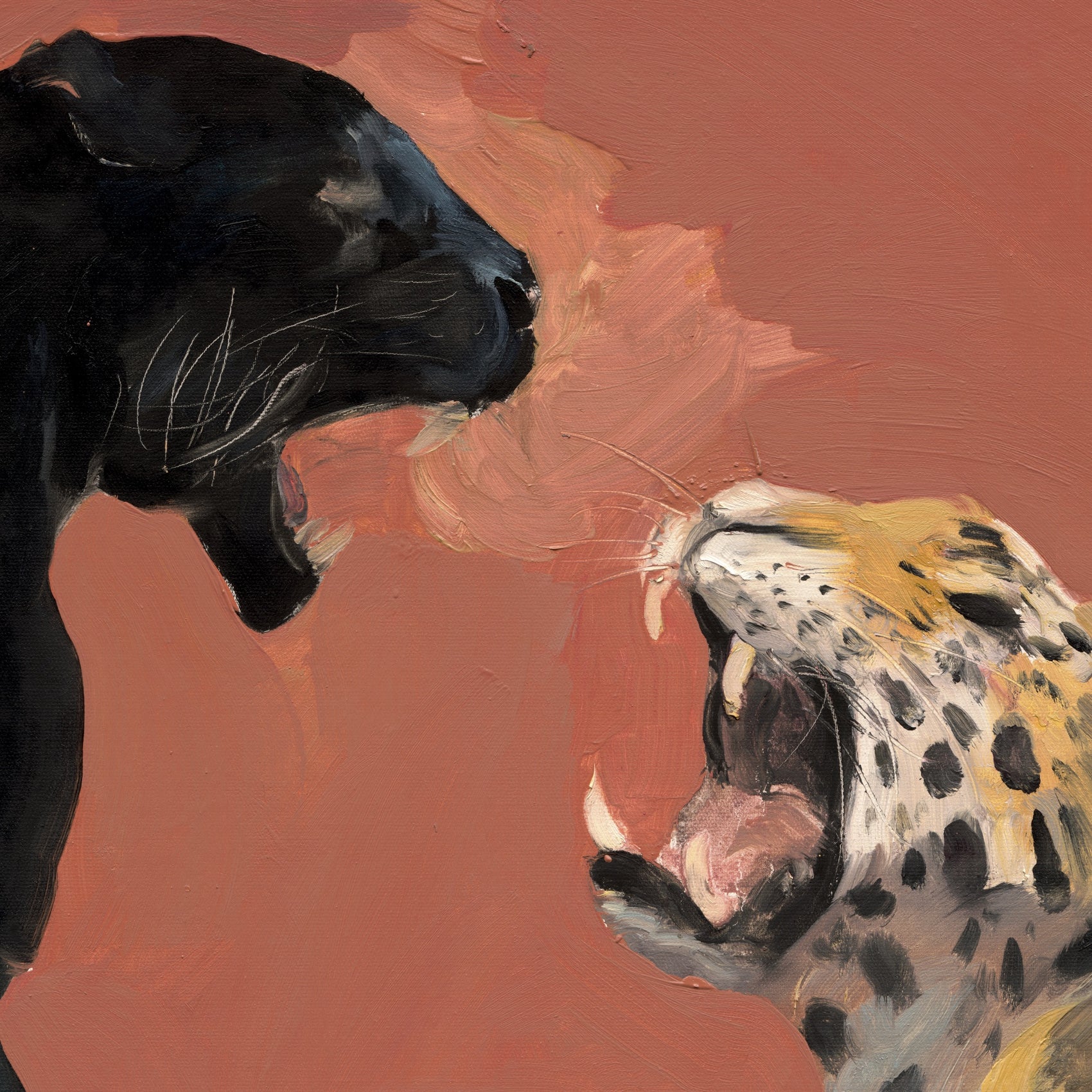 Artistic depiction of a black panther and a leopard on a warm-toned background Clash – Dynamic Abstract Canvas Print | Large Modern Wall Art | Brume Art