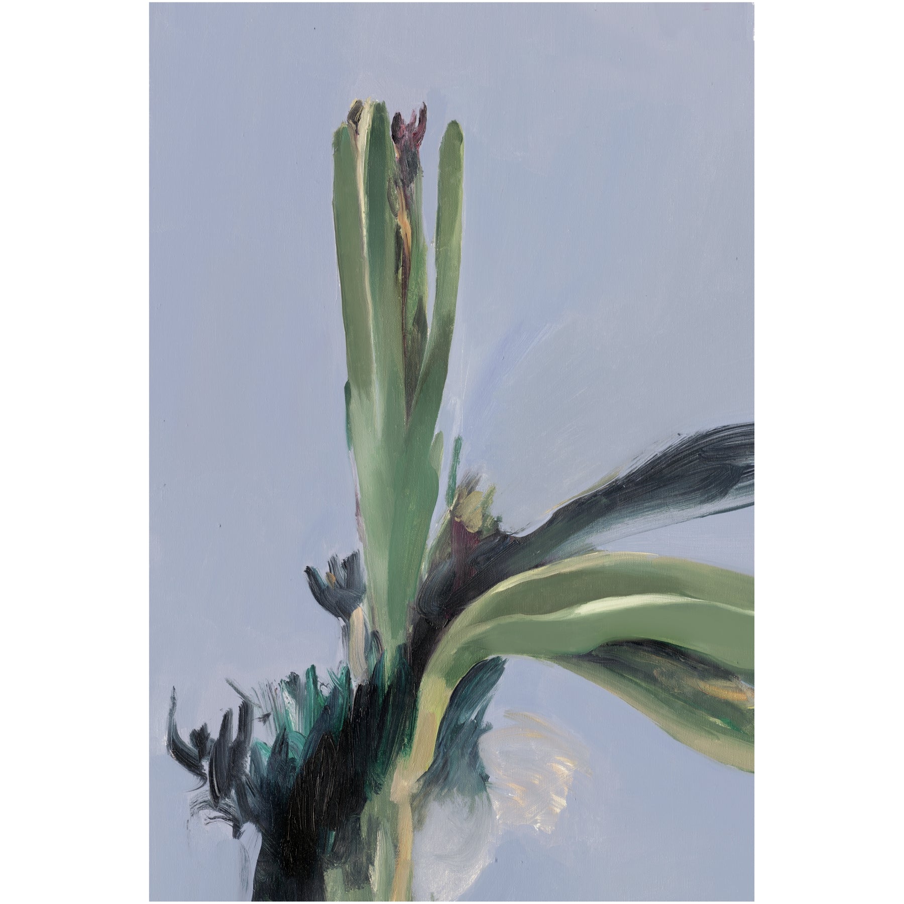 Abstract painting of a plant with green and black strokes on a light blue background Orchid – Botanical Canvas Wall Art | Large Luxury Print | Brume Art