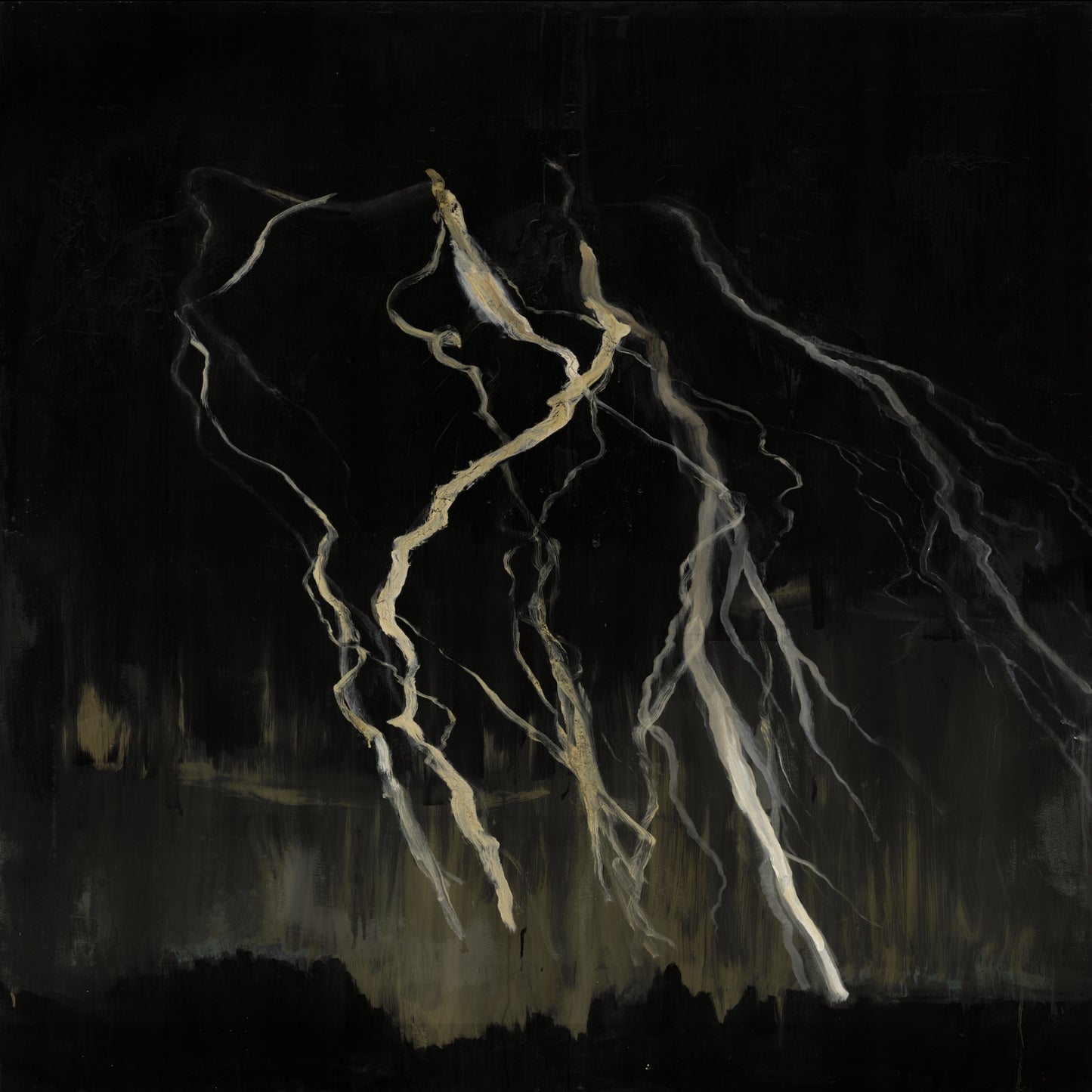 Lightning bolts striking through a dark sky with a silhouette of a mountain. Strike 3 – Bold Abstract Canvas Wall Art | Premium Luxury Print | Brume Art