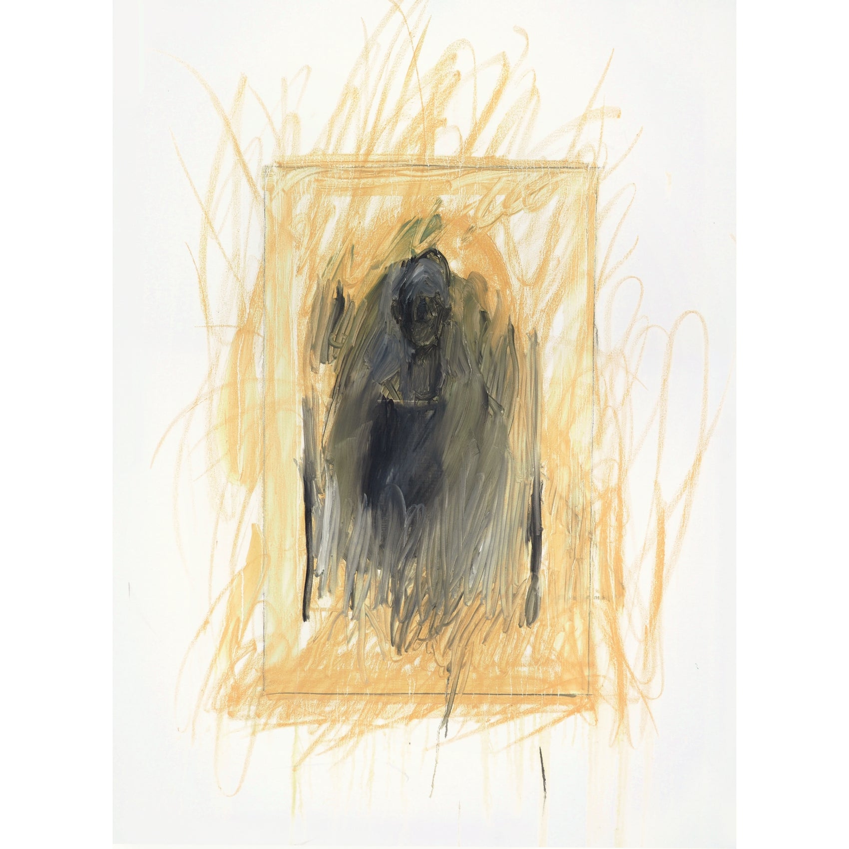 Abstract art piece with a central figure surrounded by dynamic, orange brush strokes on a white background. Fading figure – Bold Abstract Canvas Print | Large Luxury Wall Art | Brume Art