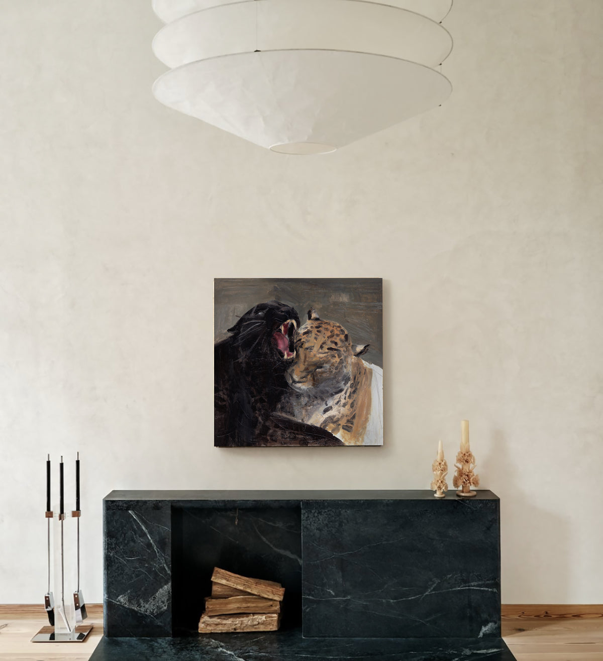 A square canvas art print depicting a dramatic bear and tiger fight, displayed on a textured beige wall above a dark green marble console table in a modern living room setting.