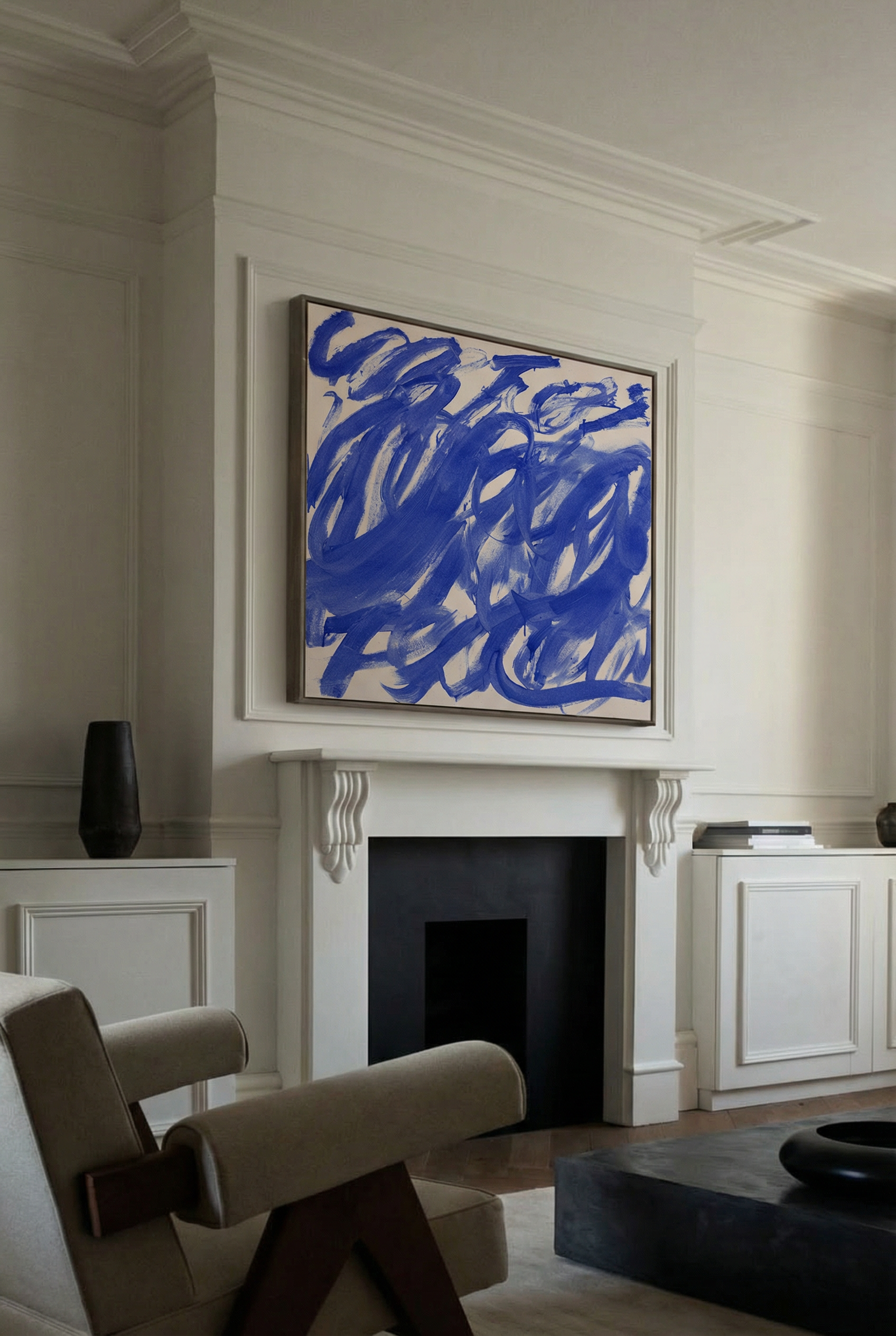 Abstract blue painting on a white wall above a fireplace Noise 3 – Textured Abstract Canvas Art | Premium Luxury Wall Decor | Brume Art | Luxury Wall Decor | Large Canvas Wall Art | Oversized Wall Hanging-Brume art