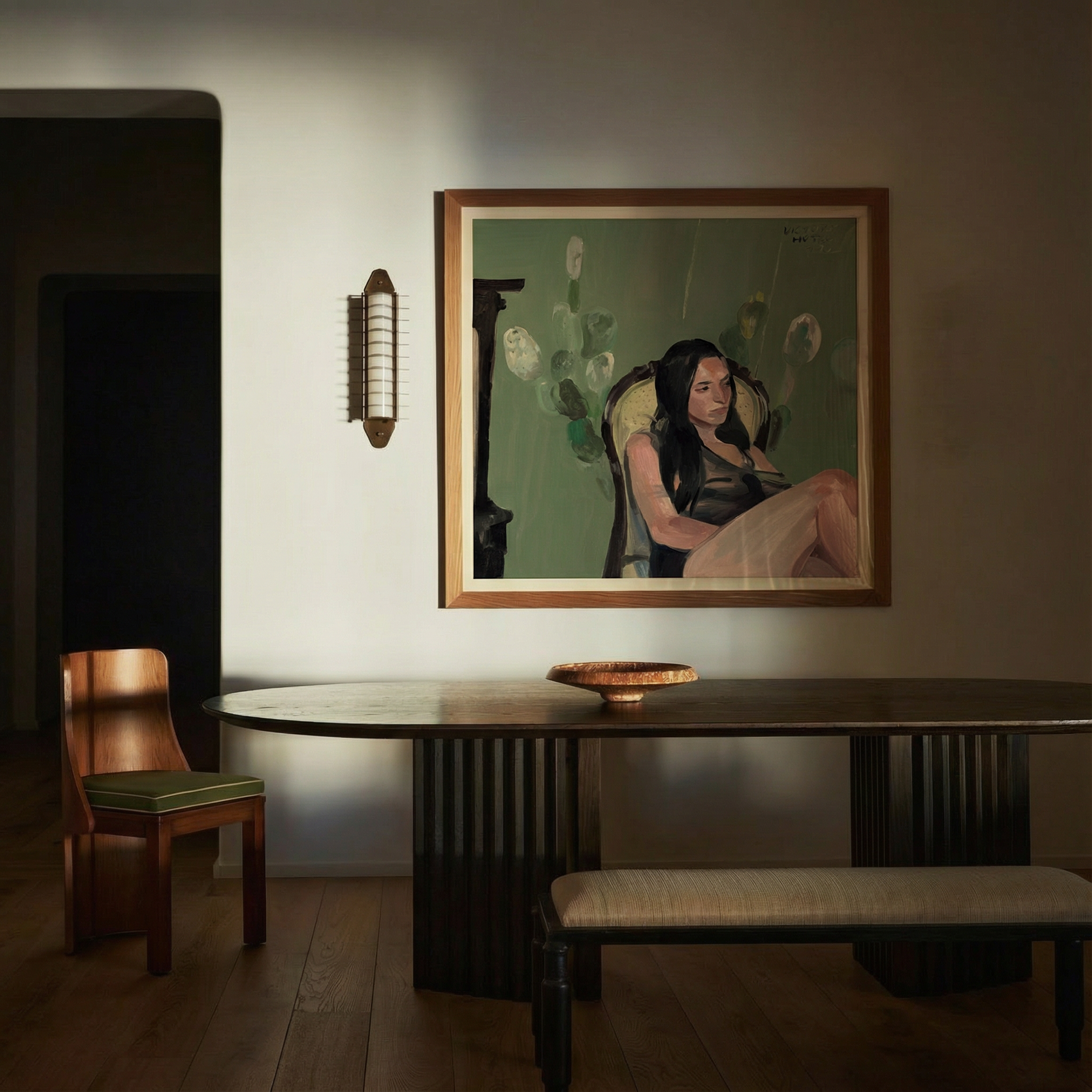 Dining room with a table, chairs, and a wall painting of a woman with flowers. Bangkok girl– Figurative Canvas Wall Art | Contemporary Luxury Print | Brume Art| Luxury Wall Decor | Large Canvas Wall Art | Oversized Wall Hanging-Brume art