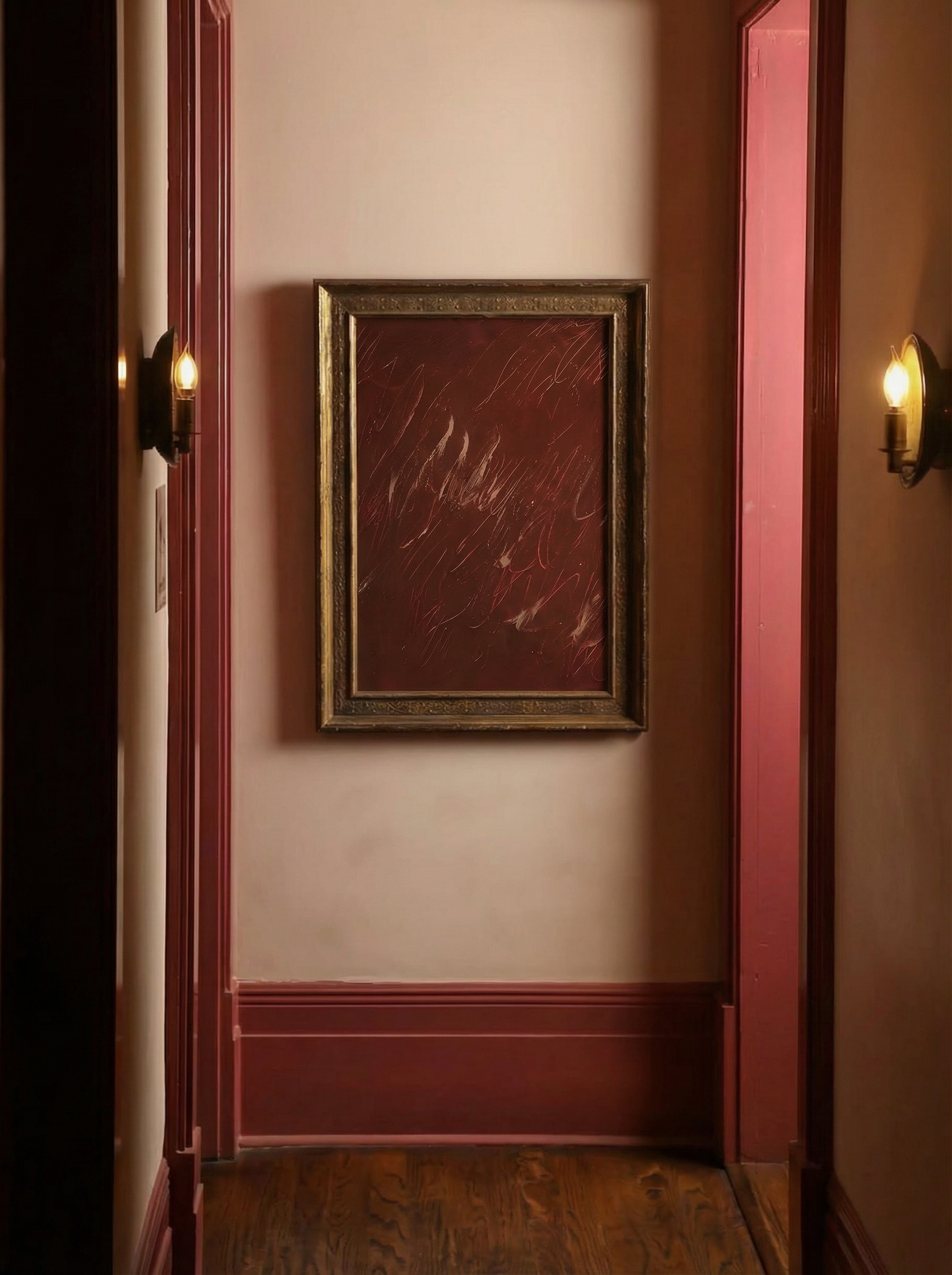 Framed artwork on a wall in a room with red walls and wooden floor. Noise – Abstract Canvas Art | Large Luxury Wall Print | Brume Art