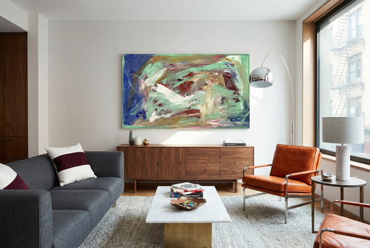 Modern living room with a gray sofa, orange chair, and abstract painting on the wall. Depth – Bold Abstract Canvas Print | Large Luxury Wall Art | Brume Art