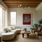 Modern living room with a beige sectional sofa, wooden coffee table, and abstract art on the wall. Tension – Bold Abstract Canvas Print | Large Luxury Wall Art | Brume Art