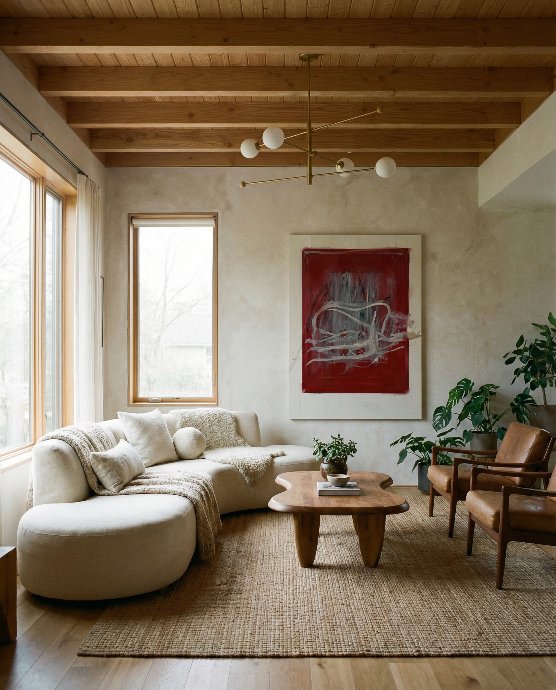 Modern living room with a beige sectional sofa, wooden coffee table, and abstract art on the wall. Tension – Bold Abstract Canvas Print | Large Luxury Wall Art | Brume Art