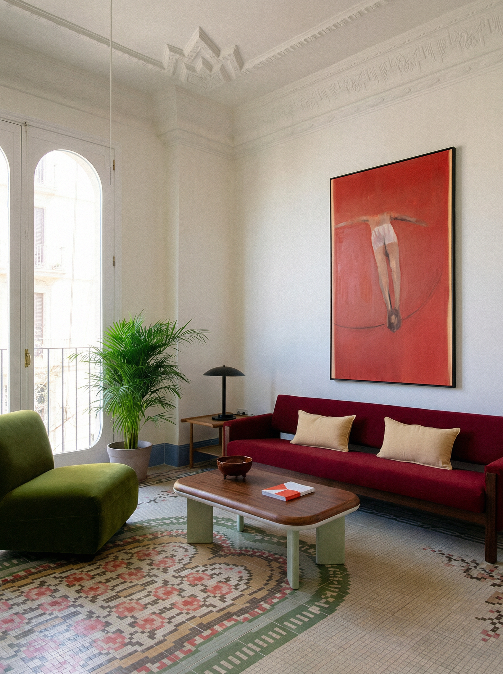 Living room with red sofa, green armchair, and large red painting on white wall. Into Red – Bold Abstract Canvas Wall Art | Large Luxury Print | Brume Art