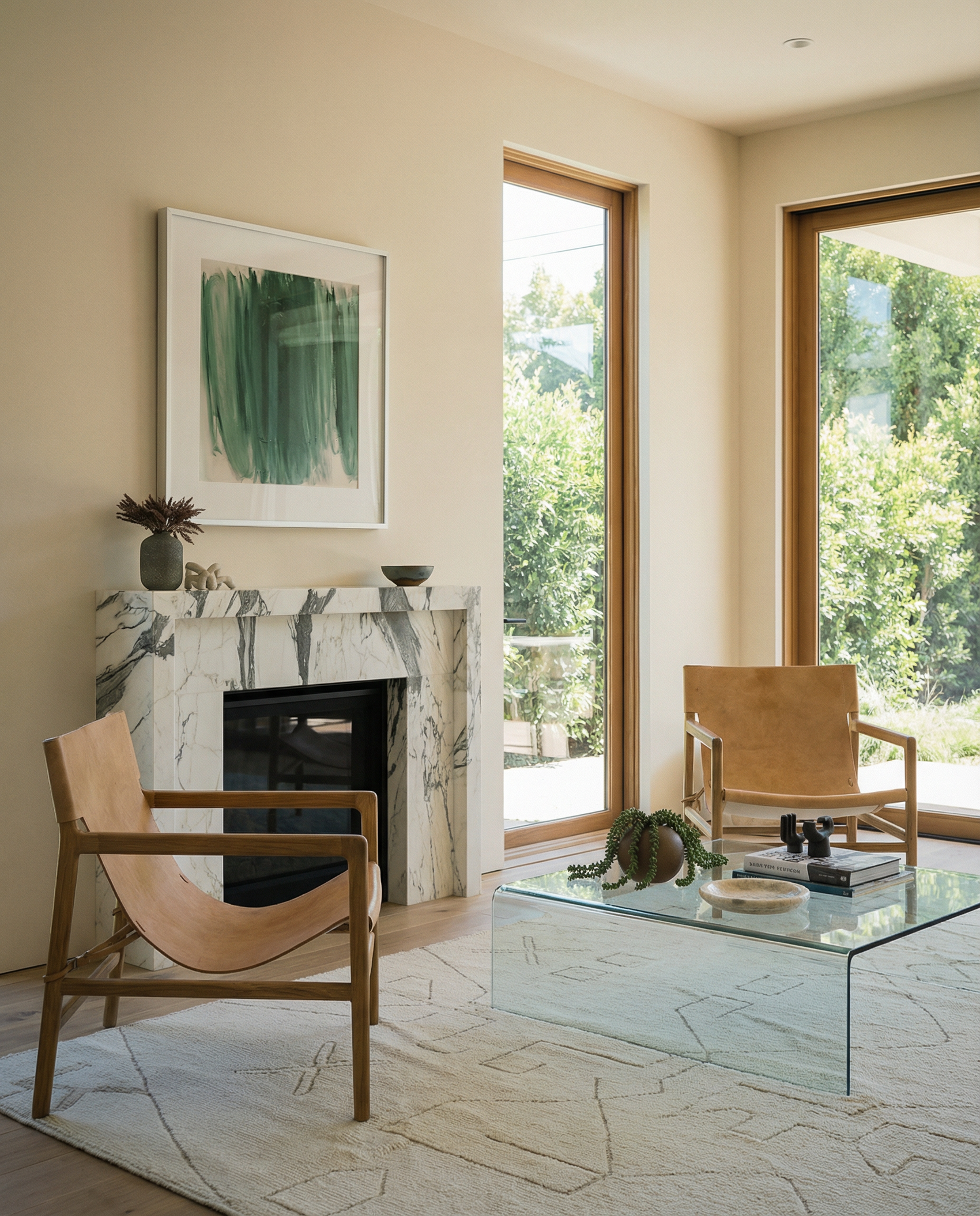 Modern living room with marble fireplace, glass coffee table, and wooden chairs. Field green 3 – Textured Abstract Canvas Art | Premium Luxury Wall Decor | Brume Art