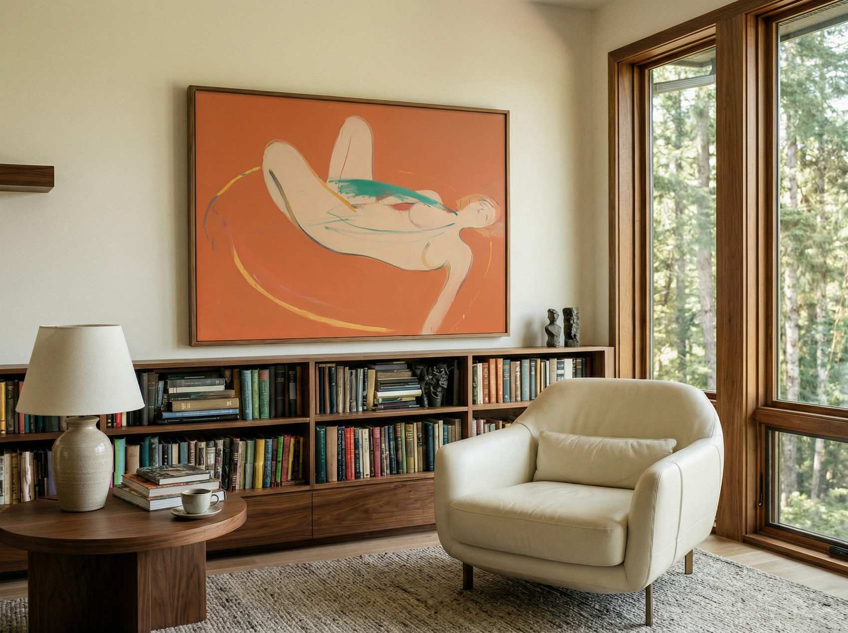 Living room with a beige armchair, bookshelf, and abstract painting on the wall.  Envelope in Orange – Warm Abstract Canvas Art | Luxury Wall Decor | Brume Art