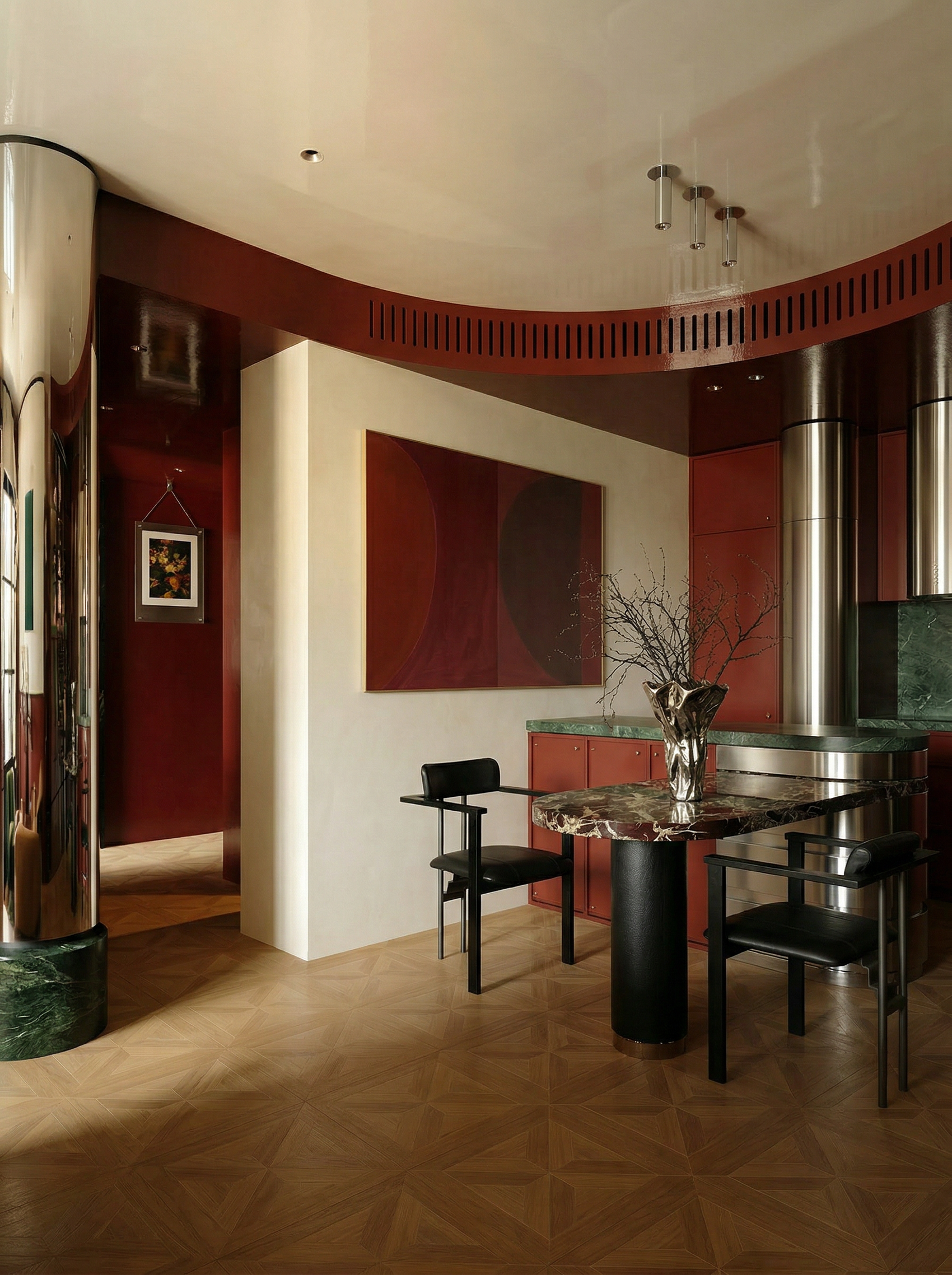 Modern interior with a dining table and chairs in a stylish room. Eclipse – Contemporary Abstract Canvas | Oversized Luxury Wall Art | Brume Art