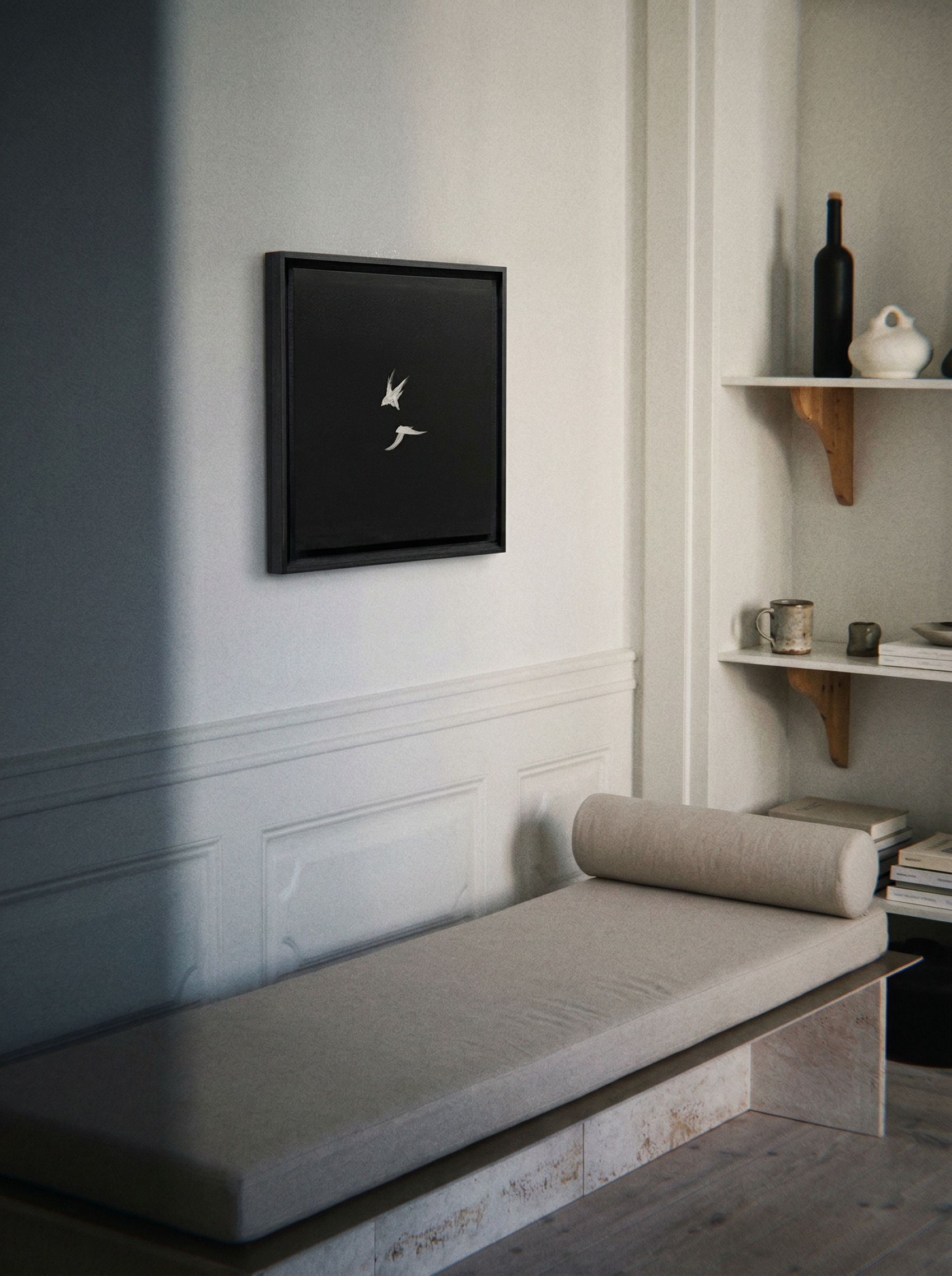 Modern interior with a bench, framed artwork, and shelves. Bird 2 – Elegant Nature Canvas Print | Luxury Wall Art | Brume Art