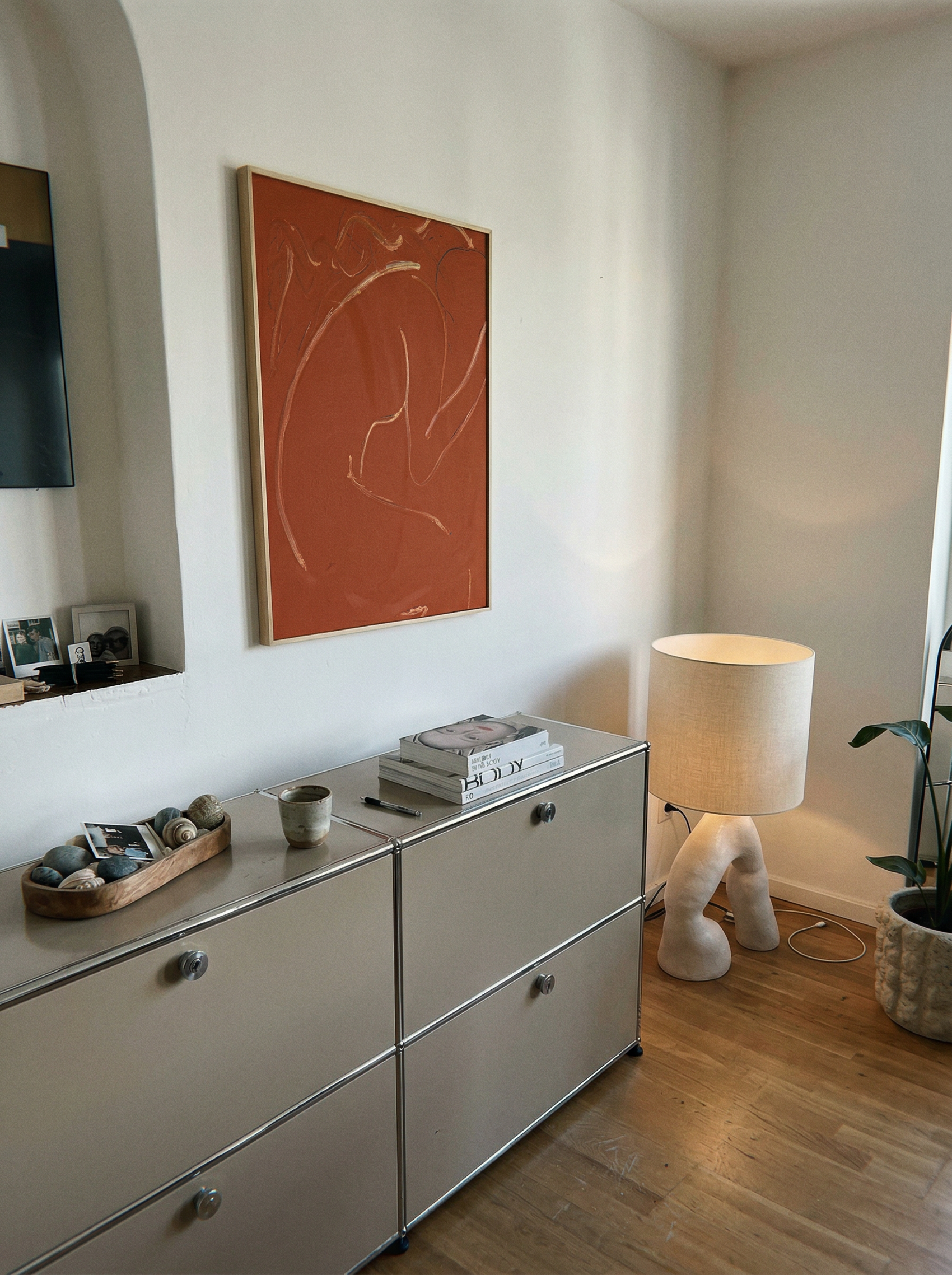 Room interior with a dresser, lamp, and abstract art on the wall. Presence 2 – Figurative Abstract Canvas | Premium Wall Art | Brume Art