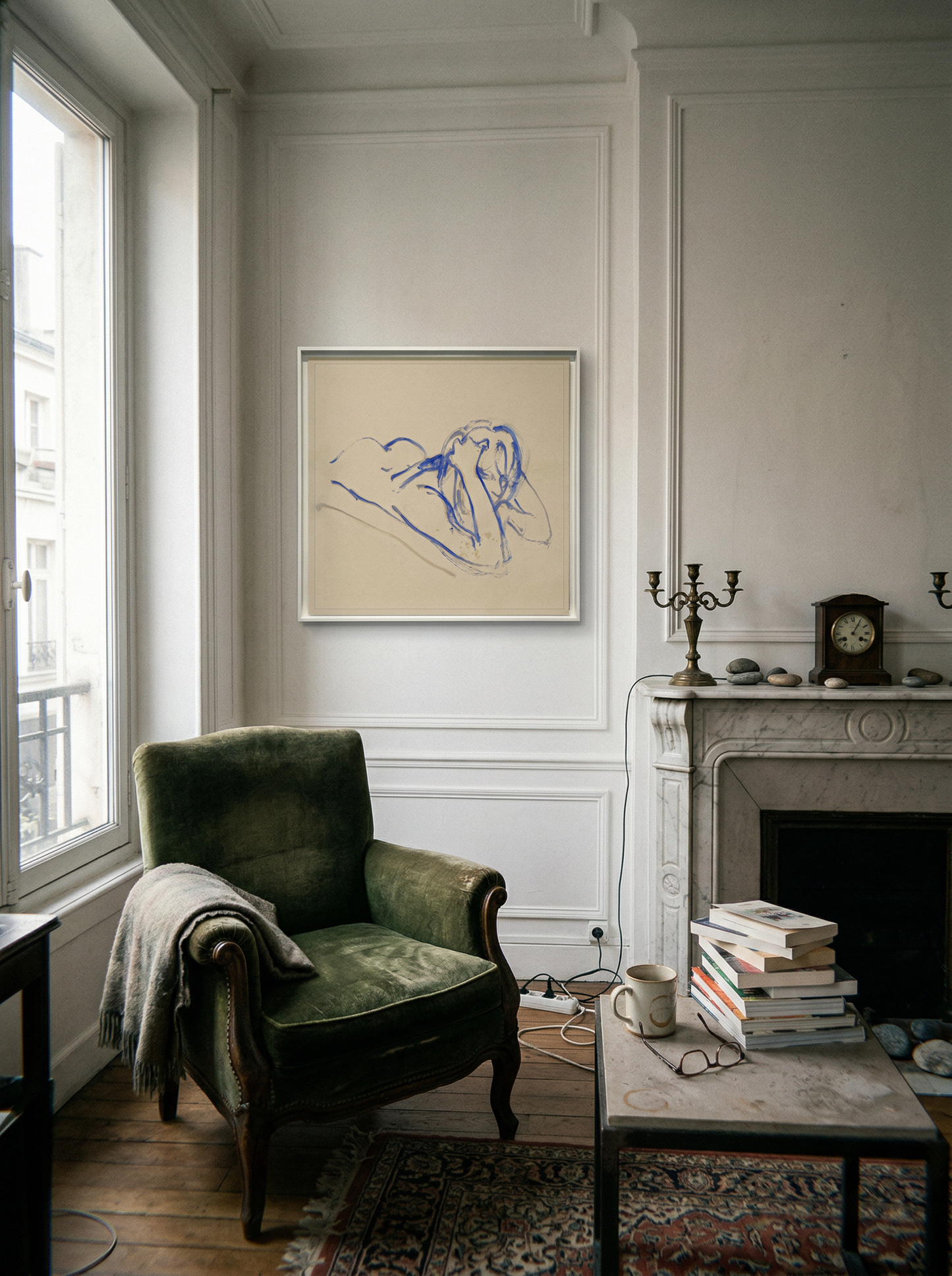Cozy living room with a green armchair, fireplace, and framed artwork. Presence 3 – Figurative Abstract Canvas | Premium Wall Art | Brume Art | Luxury Wall Decor | Large Canvas Wall Art | Oversized Wall Hanging-Brume art