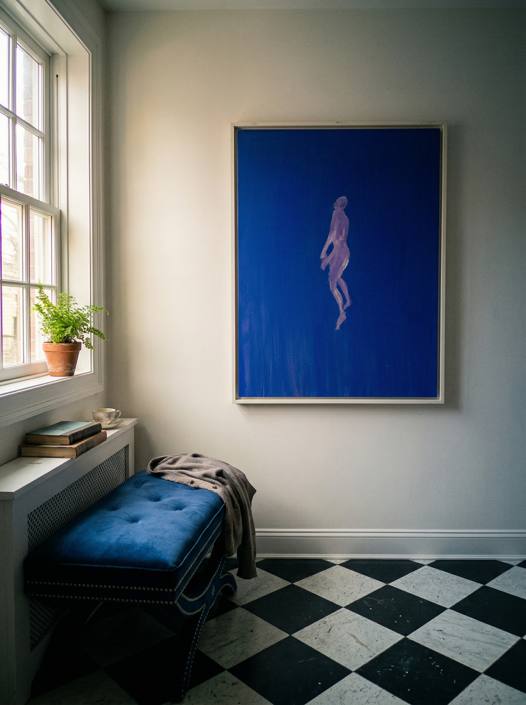 Room interior with a blue abstract painting on a white wall, a blue cushioned bench, and a window with a plant. in the blue – Figurative Canvas Print | Modern Luxury Wall Art | Brume Art