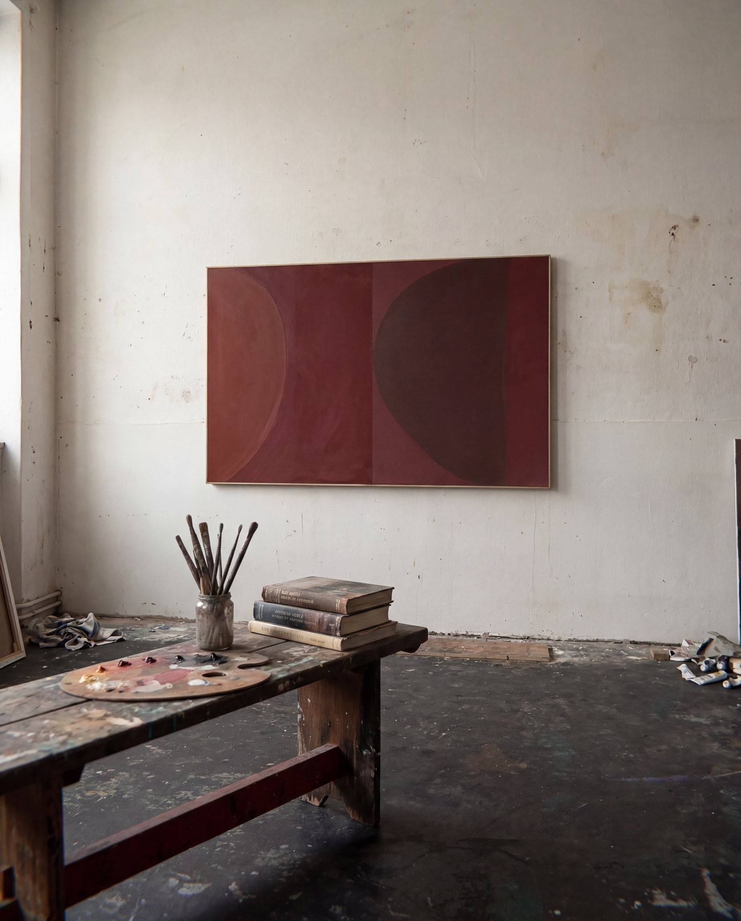 Artistic studio with a large abstract painting on the wall, a wooden table with art supplies, and a concrete floor. Eclipse – Contemporary Abstract Canvas | Oversized Luxury Wall Art | Brume Art