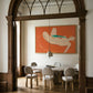 Dining room with wooden floor, chairs, and a large mirror reflecting a painting of a nude figure. Envelope in Orange – Warm Abstract Canvas Art | Luxury Wall Decor | Brume Art
