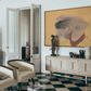 Living room with checkered floor, white walls, and a large painting above a cabinet. Soft Body – Figurative Abstract Canvas Print | Premium Wall Art | Brume Art