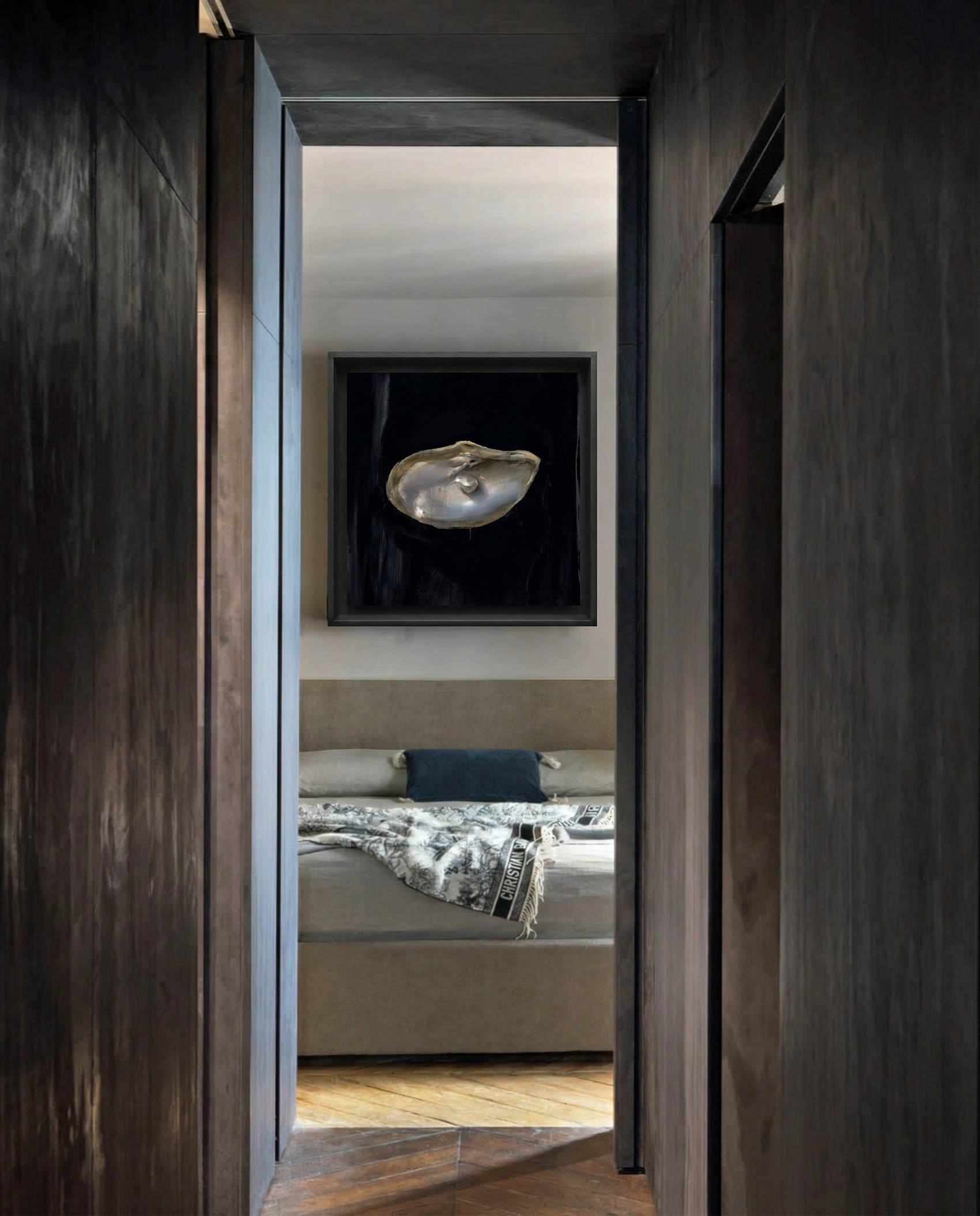 View of a bedroom through a wooden door with a painting on the wall. Pearl – Elegant Abstract Canvas Wall Art | Luxury Giclée Print | Brume Art