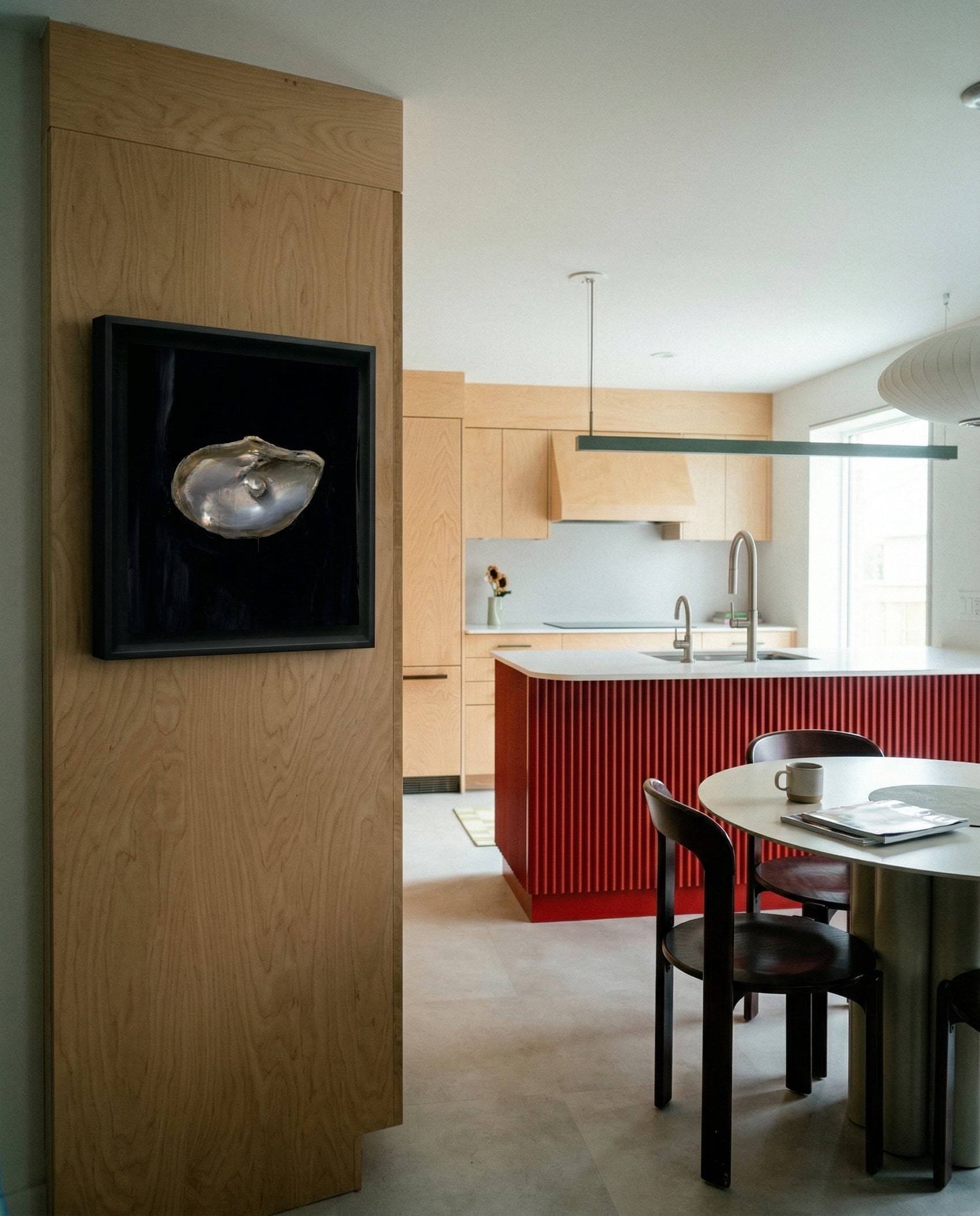 Modern kitchen with wooden wall, dining table, and kitchen island. Pearl – Elegant Abstract Canvas Wall Art | Luxury Giclée Print | Brume Art