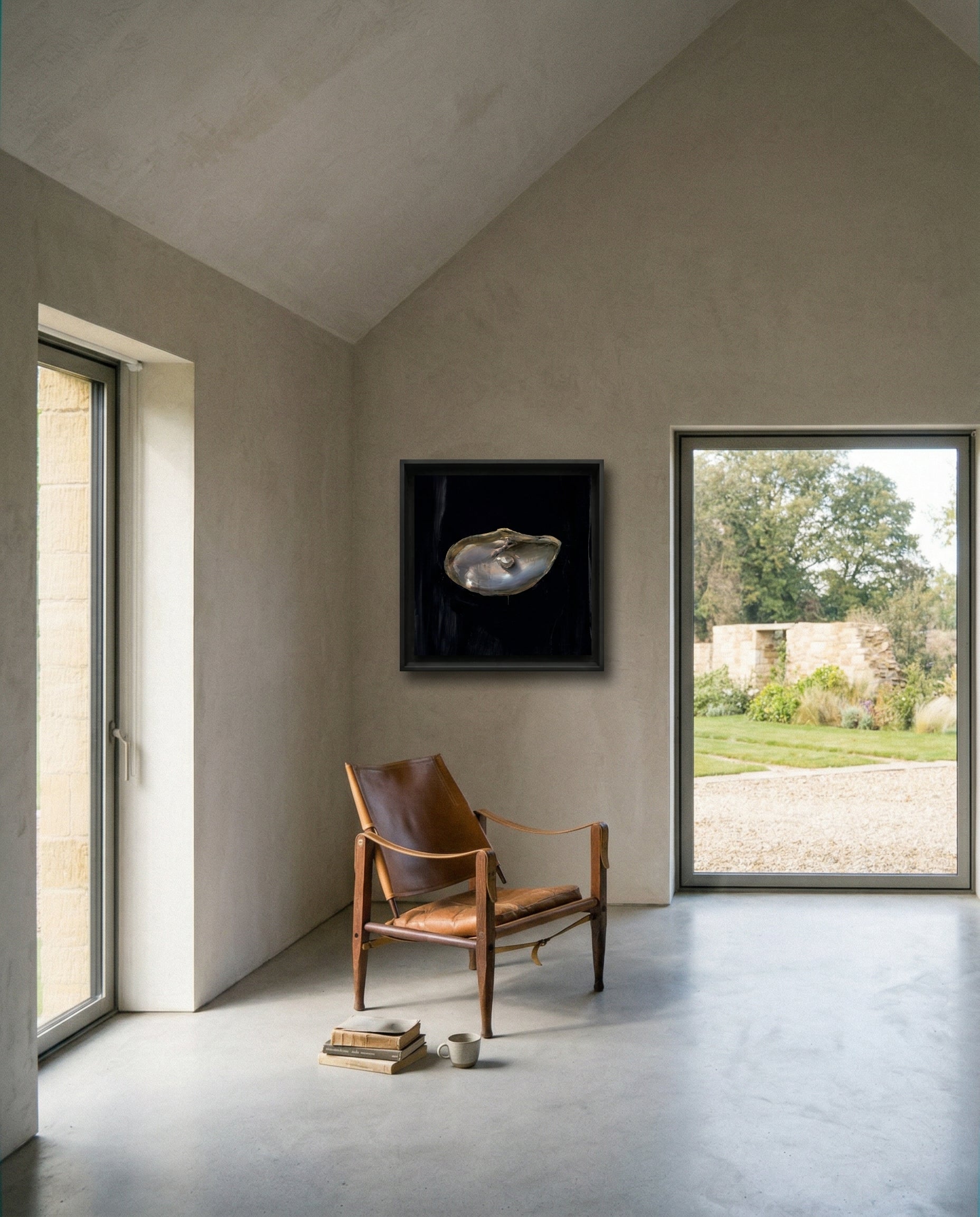 Modern interior with a brown leather chair, framed artwork, and large windows. Pearl – Elegant Abstract Canvas Wall Art | Luxury Giclée Print | Brume Art