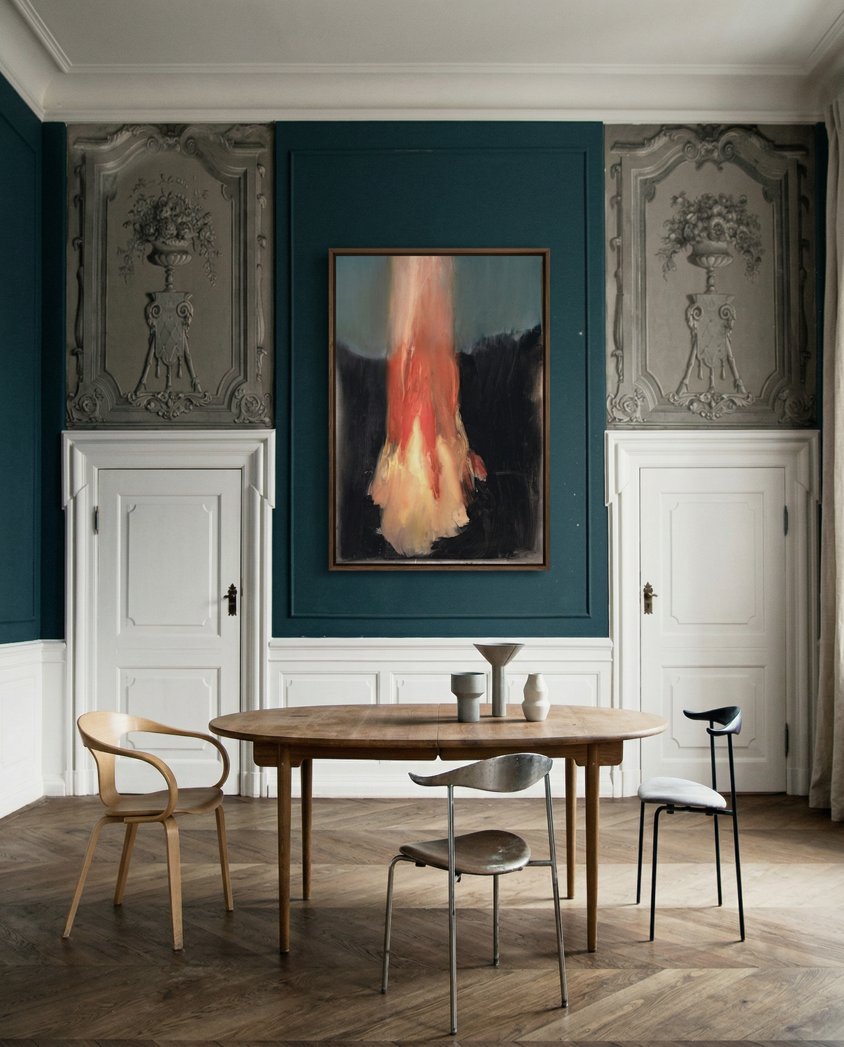 Dining room with wooden table and chairs, wall art, and decorative moldings. Flame – Expressive Abstract Canvas Art | Large Luxury Wall Print | Brume Art