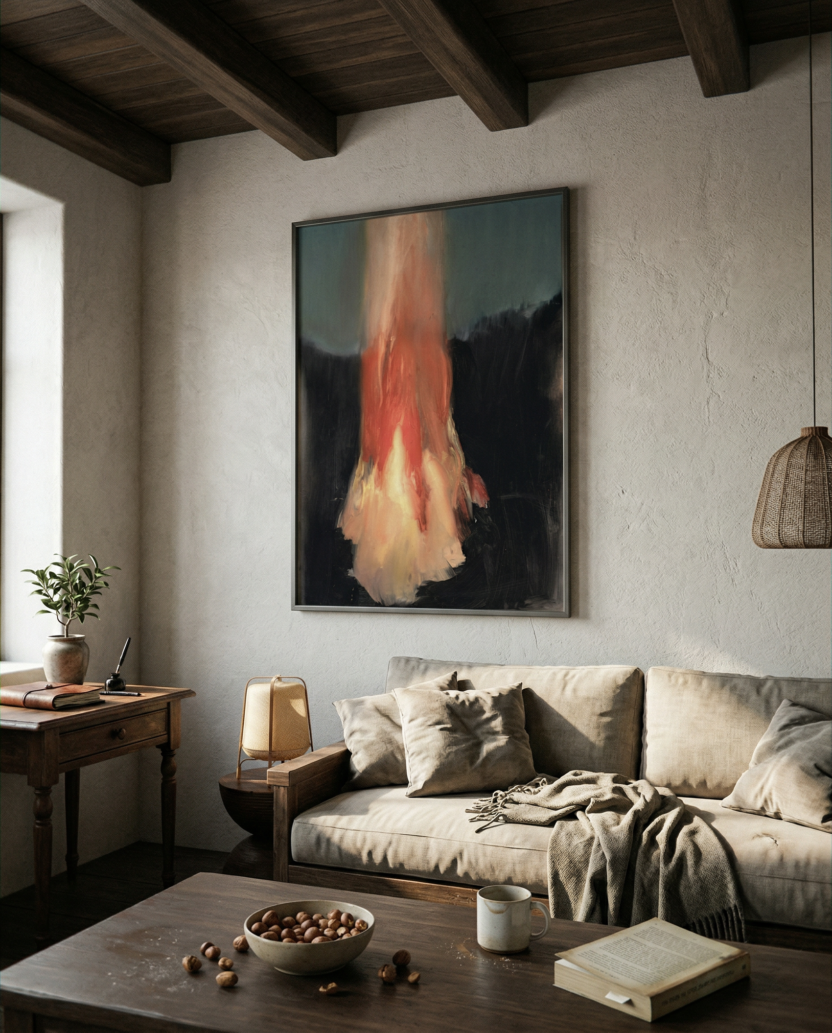 Living room with a couch, coffee table, and wall art. Flame – Expressive Abstract Canvas Art | Large Luxury Wall Print | Brume Art
