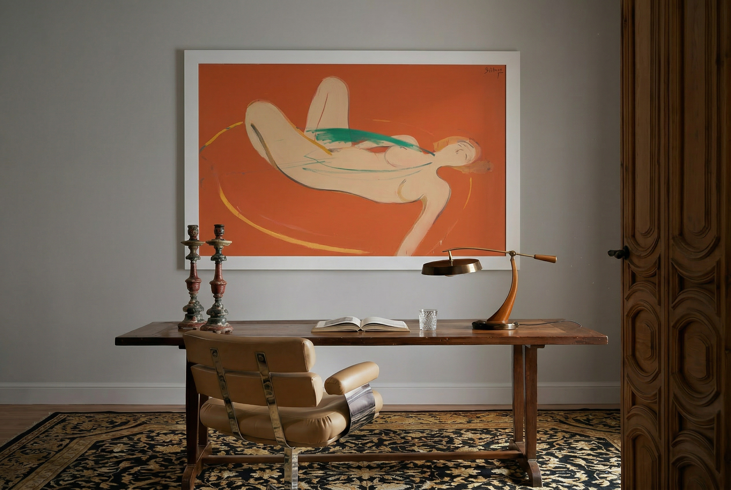 Wooden desk with chair, framed abstract art on wall, and decorative items. Envelope in Orange – Warm Abstract Canvas Art | Luxury Wall Decor | Brume Art