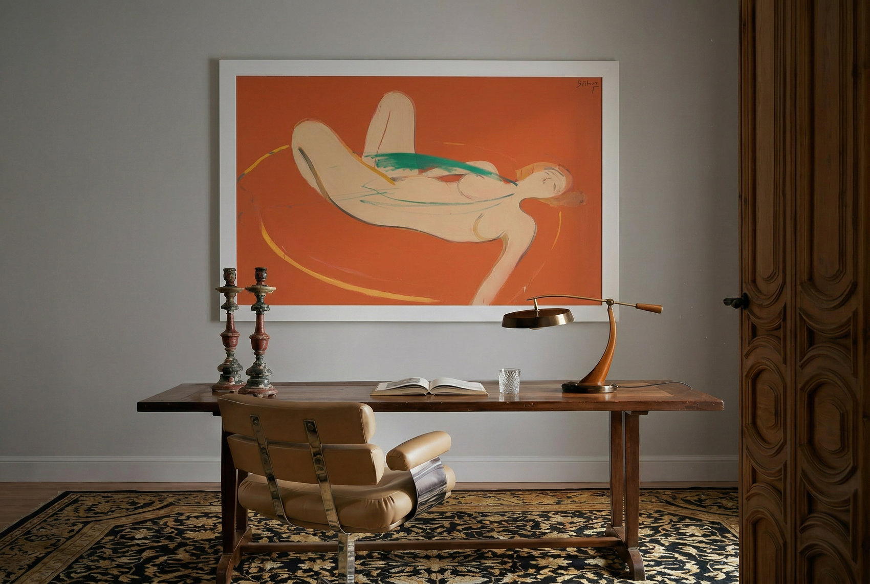 Wooden desk with chair, framed abstract art on wall, and decorative items. Envelope in Orange – Warm Abstract Canvas Art | Luxury Wall Decor | Brume Art