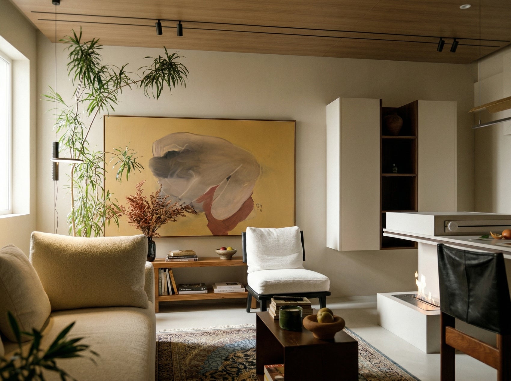 Modern living room with a large abstract painting, comfortable furniture, and decorative elements. Soft Body – Figurative Abstract Canvas Print | Premium Wall Art | Brume Art