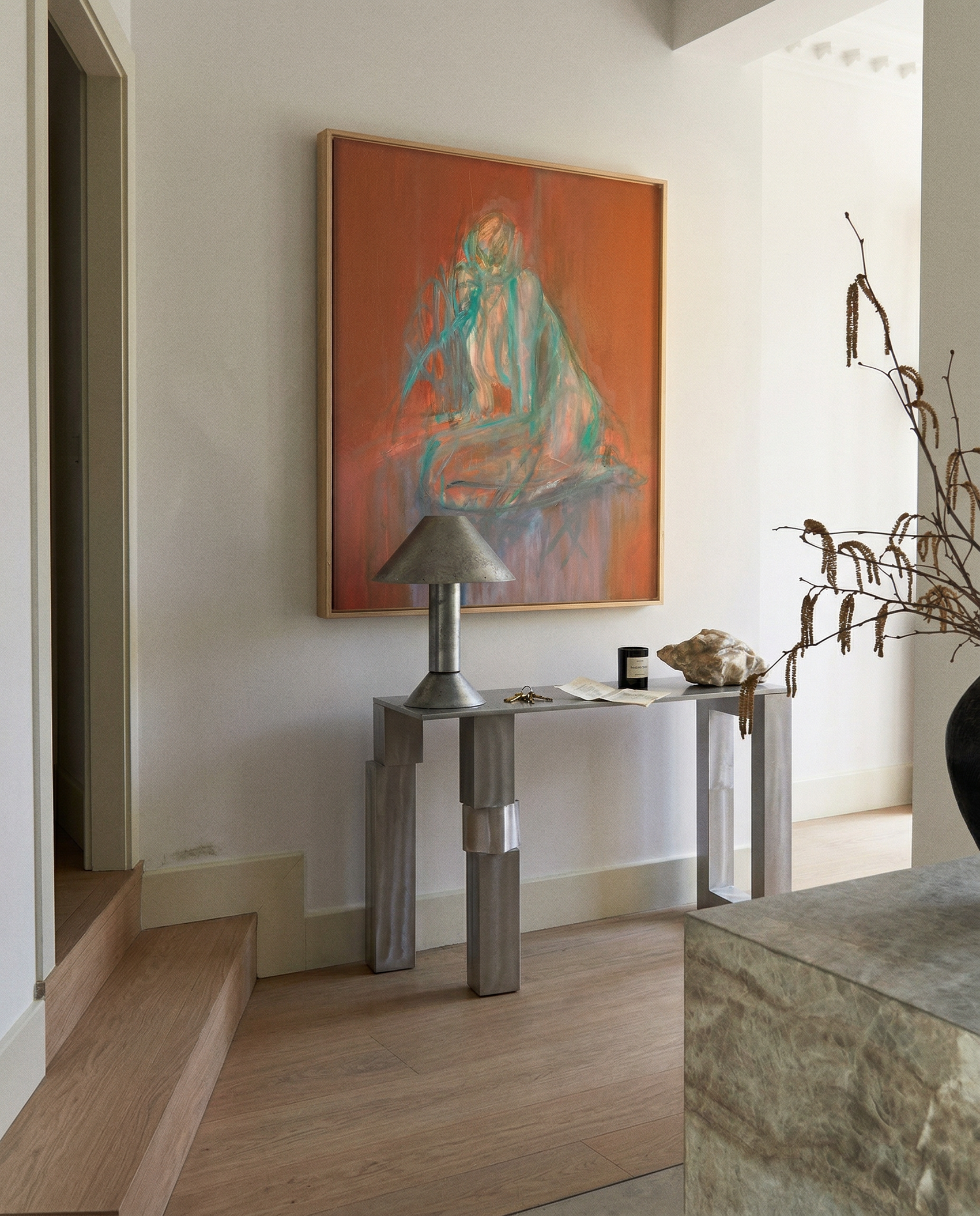 Modern interior with abstract painting and metallic console table. Still – Minimalist Abstract Canvas Art | Large Luxury Wall Decor | Brume Art