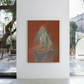 Abstract painting on a white wall with a view of a garden outside. Still – Minimalist Abstract Canvas Art | Large Luxury Wall Decor | Brume Art