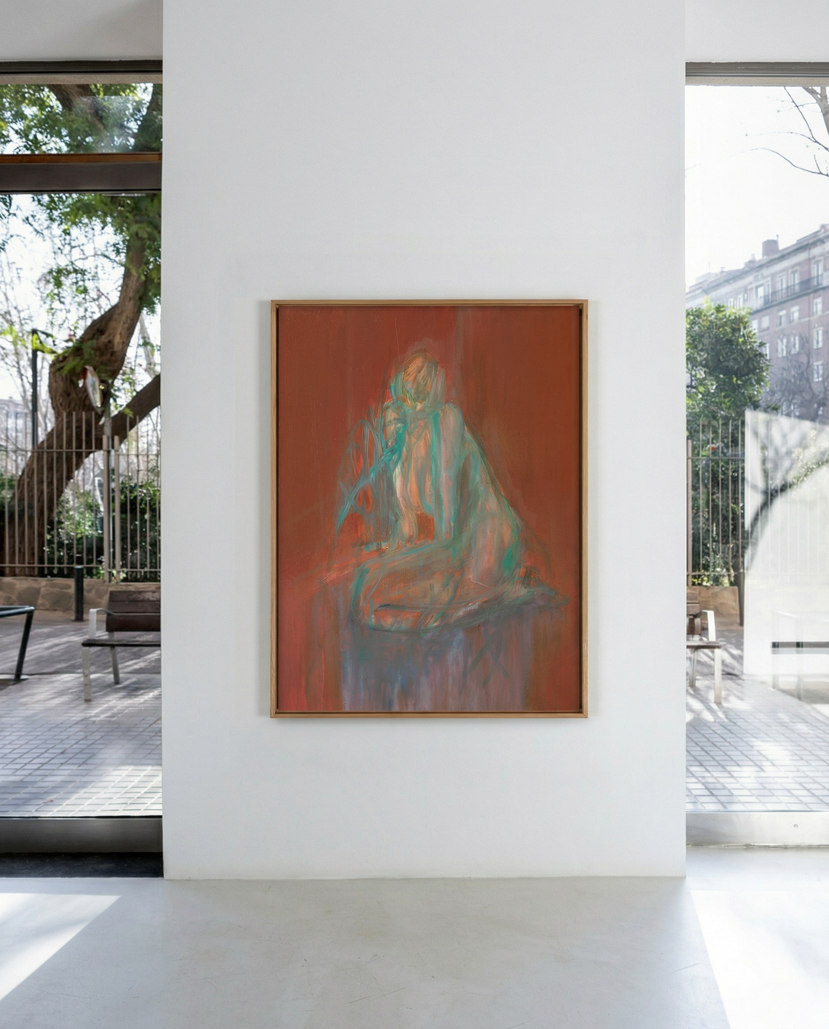 Abstract painting on a white wall with a view of a garden outside. Still – Minimalist Abstract Canvas Art | Large Luxury Wall Decor | Brume Art