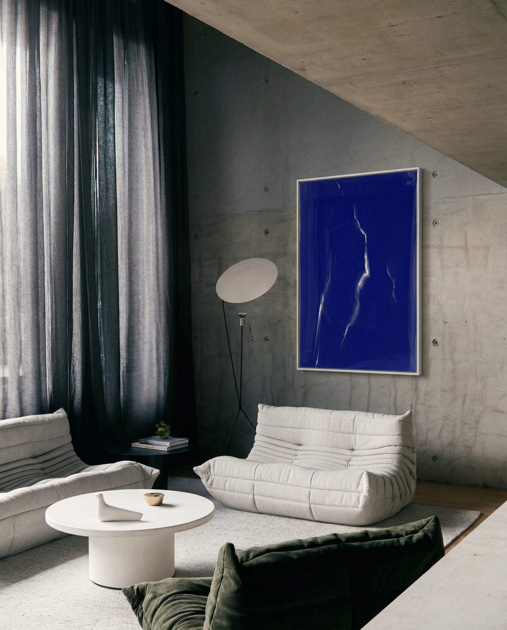 Modern living room with a blue abstract painting on the wall. Strike – Bold Abstract Canvas Wall Art | Large Luxury Print | Brume Art