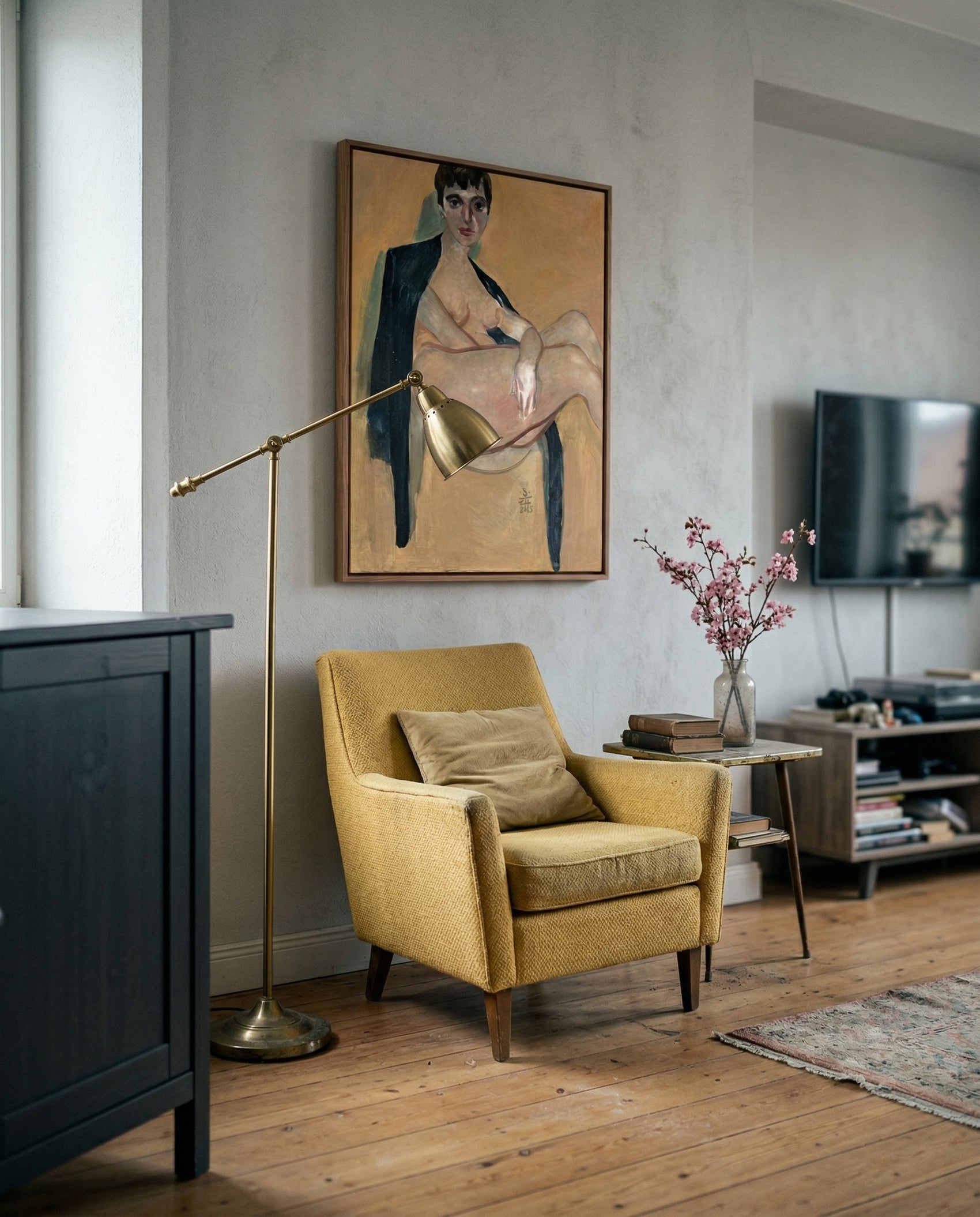 Living room with yellow armchair, floor lamp, and wall art Girl with Short Hair – Portrait Canvas Art | Luxury Wall Decor | Brume Art