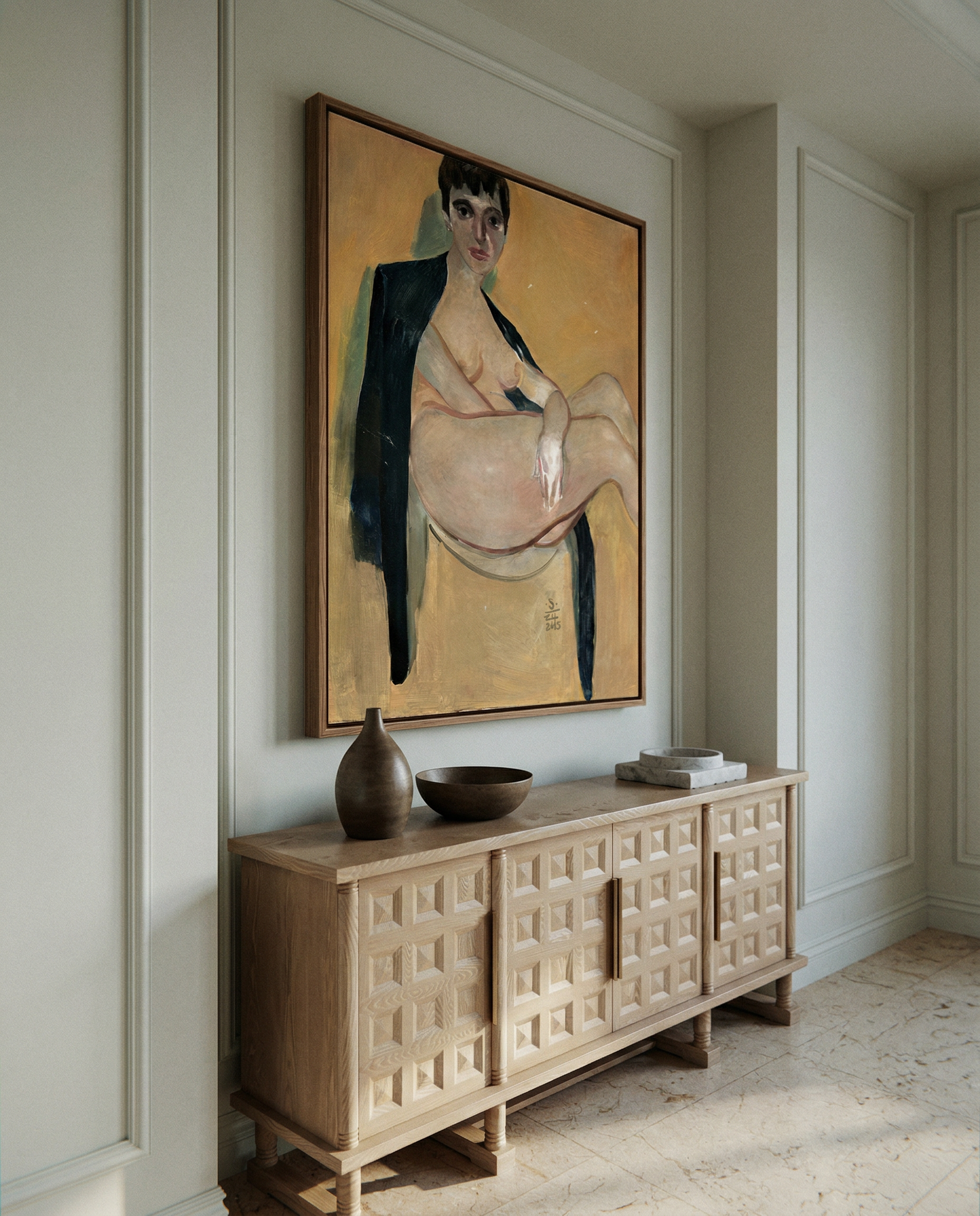 Large painting of a nude figure on a wall above a wooden sideboard with decorative items. Girl with Short Hair – Portrait Canvas Art | Luxury Wall Decor | Brume Art