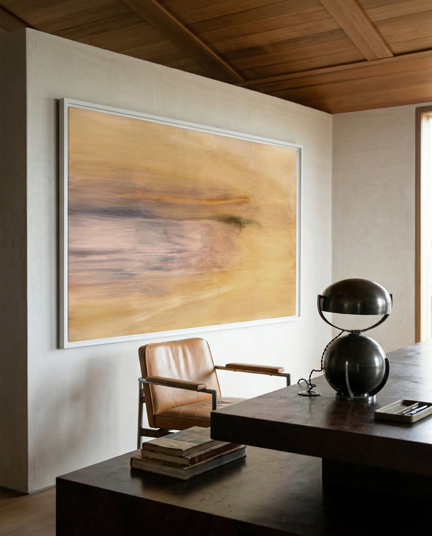 Modern office with abstract painting, desk, and chair. Field Yellow – Landscape Canvas Wall Art | Large Luxury Print | Brume Art