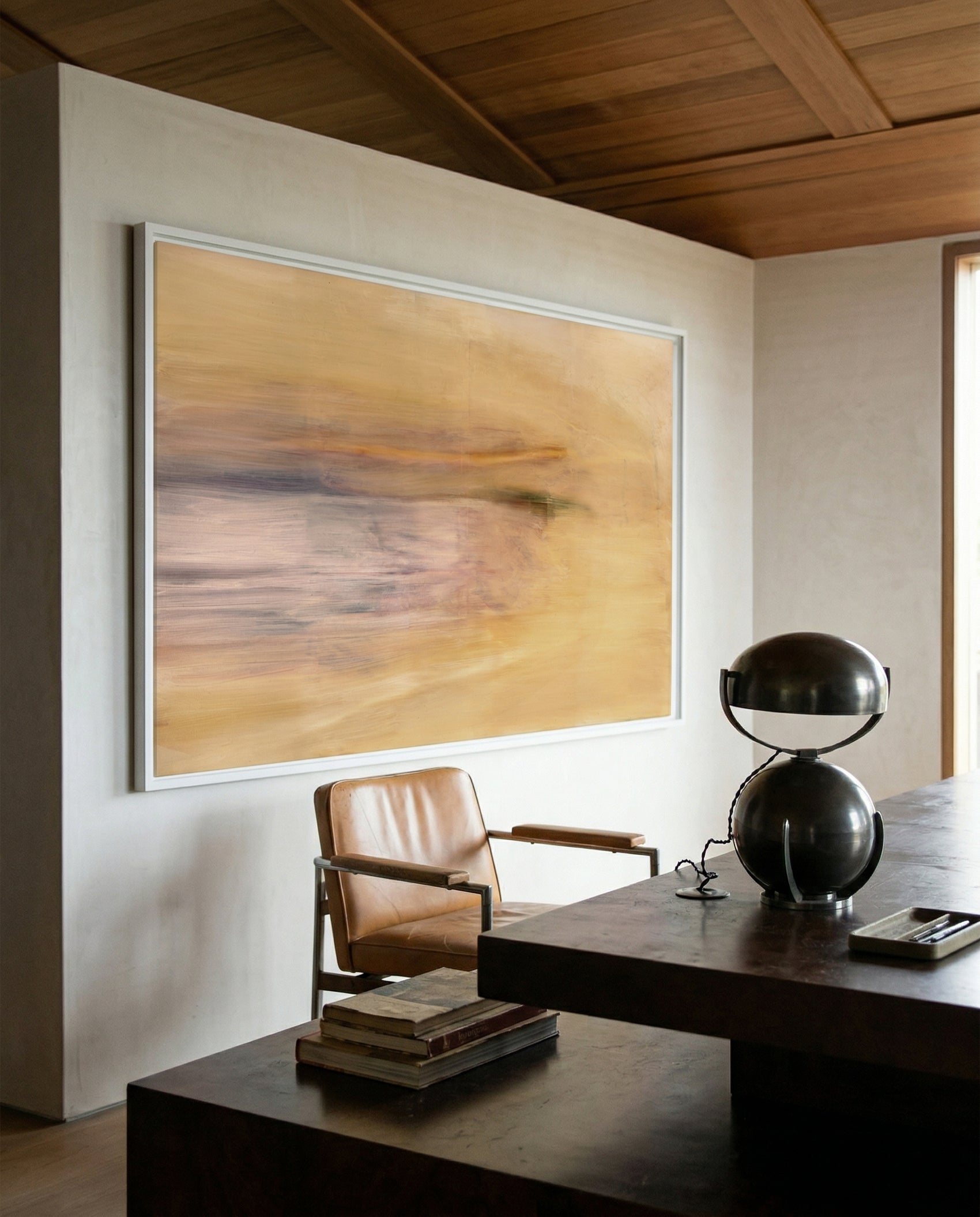 Modern office with abstract painting, desk, and chair. Field Yellow – Landscape Canvas Wall Art | Large Luxury Print | Brume Art