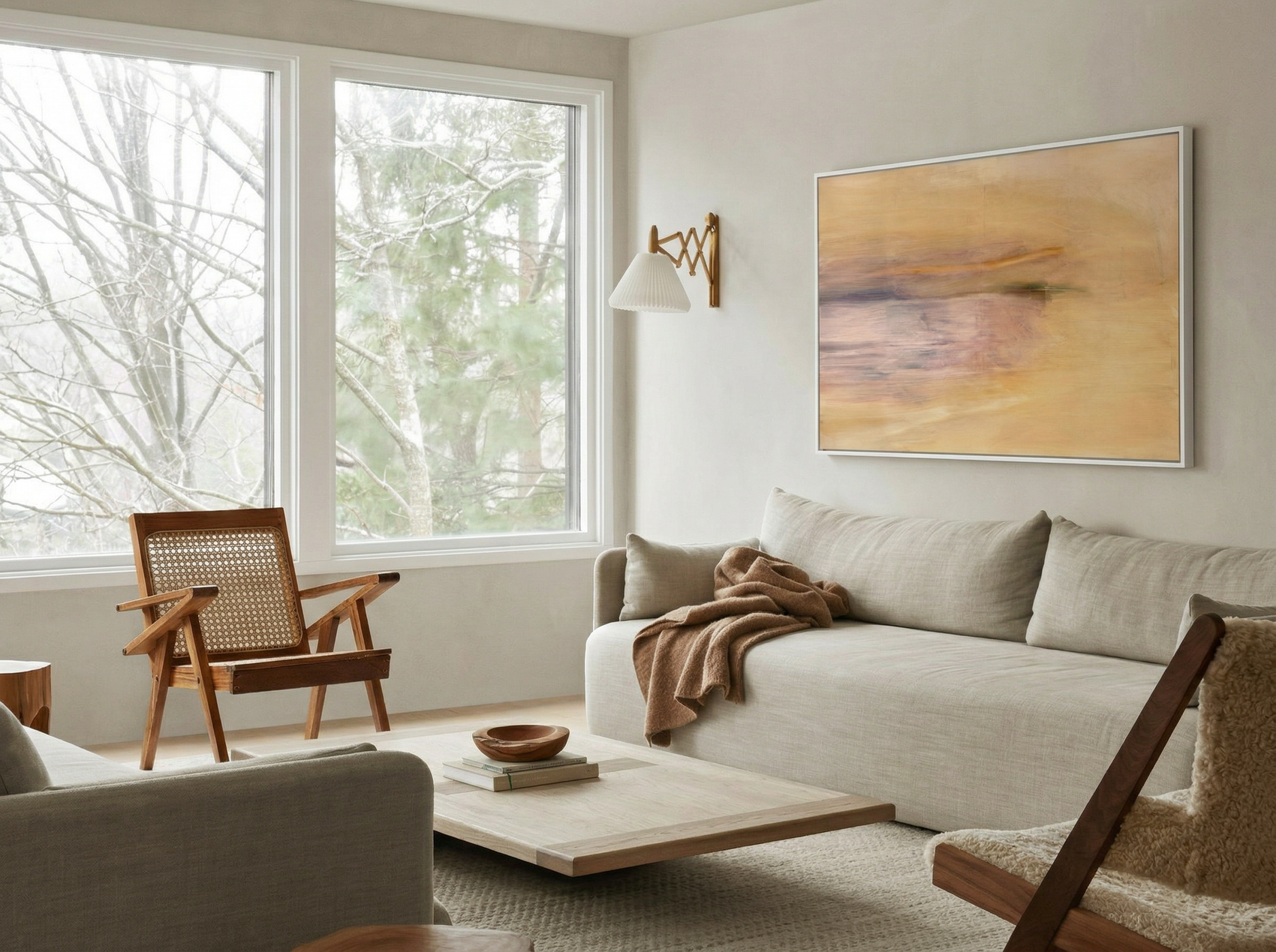 Modern living room with a beige sofa, wooden armchair, and abstract painting. Field Yellow – Landscape Canvas Wall Art | Large Luxury Print | Brume Art