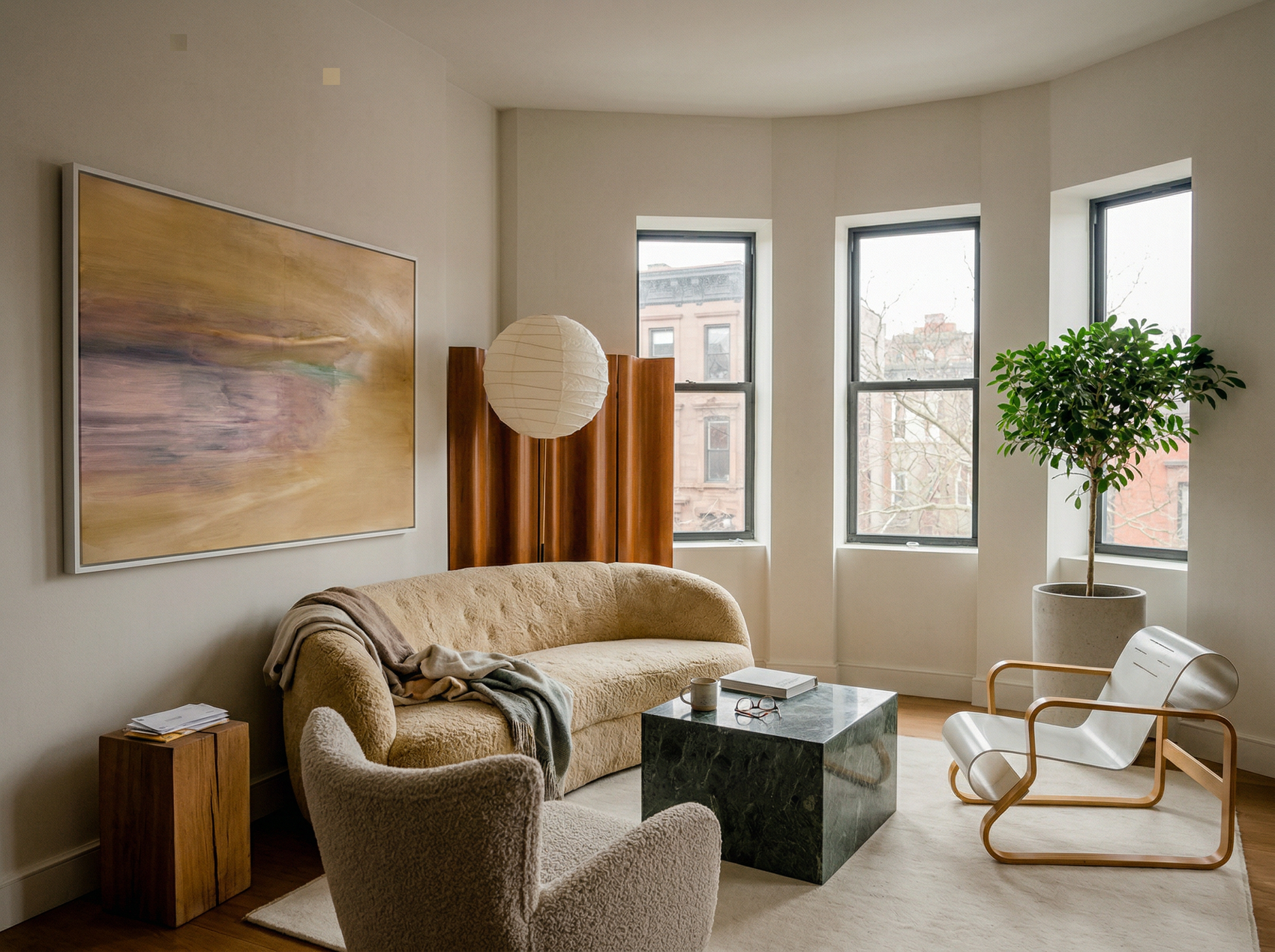 Modern living room with beige sofa, armchair, and abstract painting. Field Yellow – Landscape Canvas Wall Art | Large Luxury Print | Brume Art