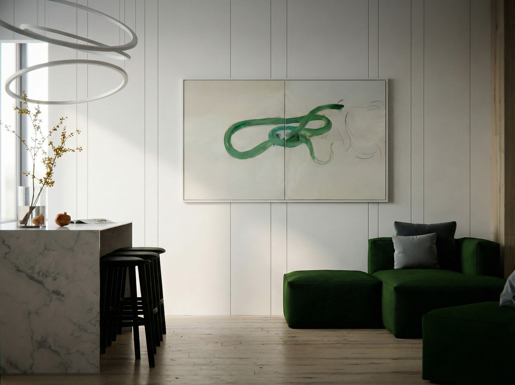 Modern interior with green sofa, abstract painting, and marble countertop. Green Snake – Nature Canvas Wall Art | Large Luxury Print | Brume Art