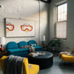 Modern living room with blue sofa, yellow chairs, and a white brick wall. Diving Mask – Unique Figurative Canvas Art | Premium Wall Decor | Brume Art