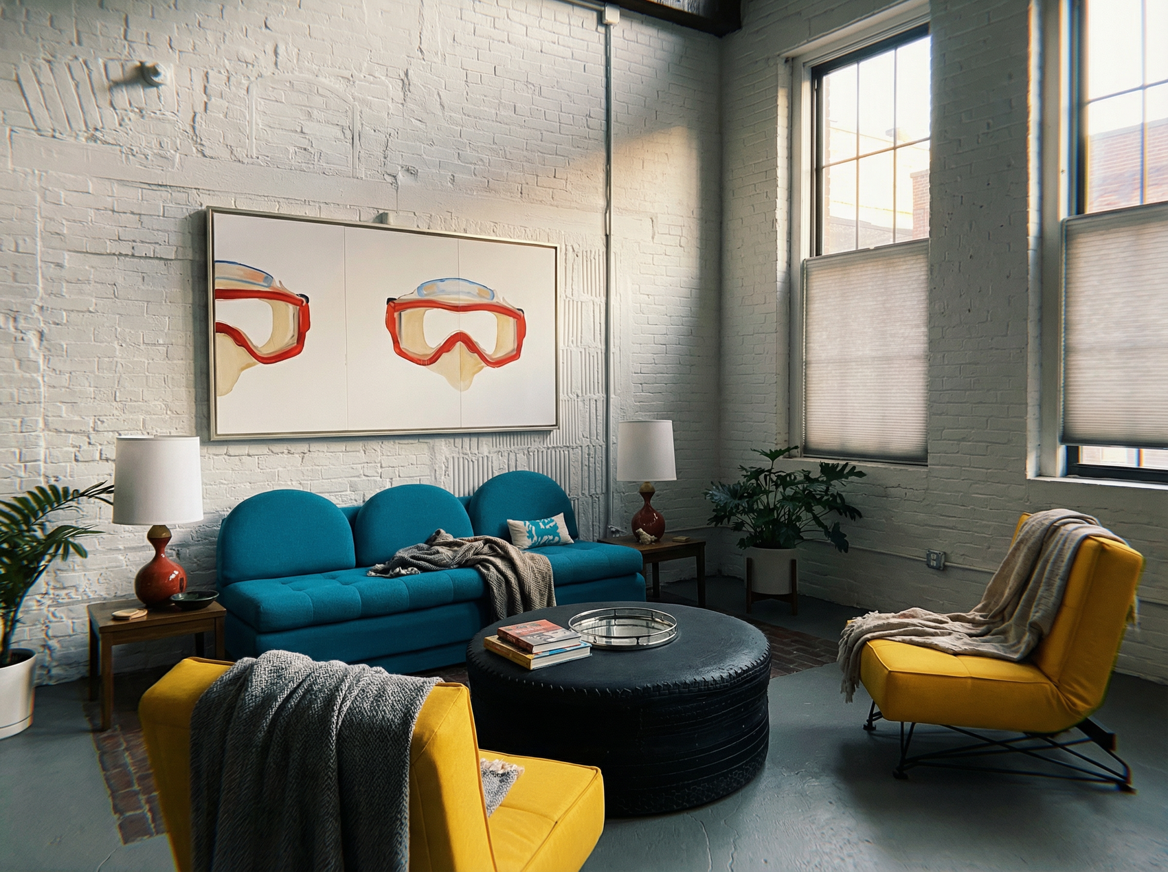 Modern living room with blue sofa, yellow chairs, and a white brick wall. Diving Mask – Unique Figurative Canvas Art | Premium Wall Decor | Brume Art