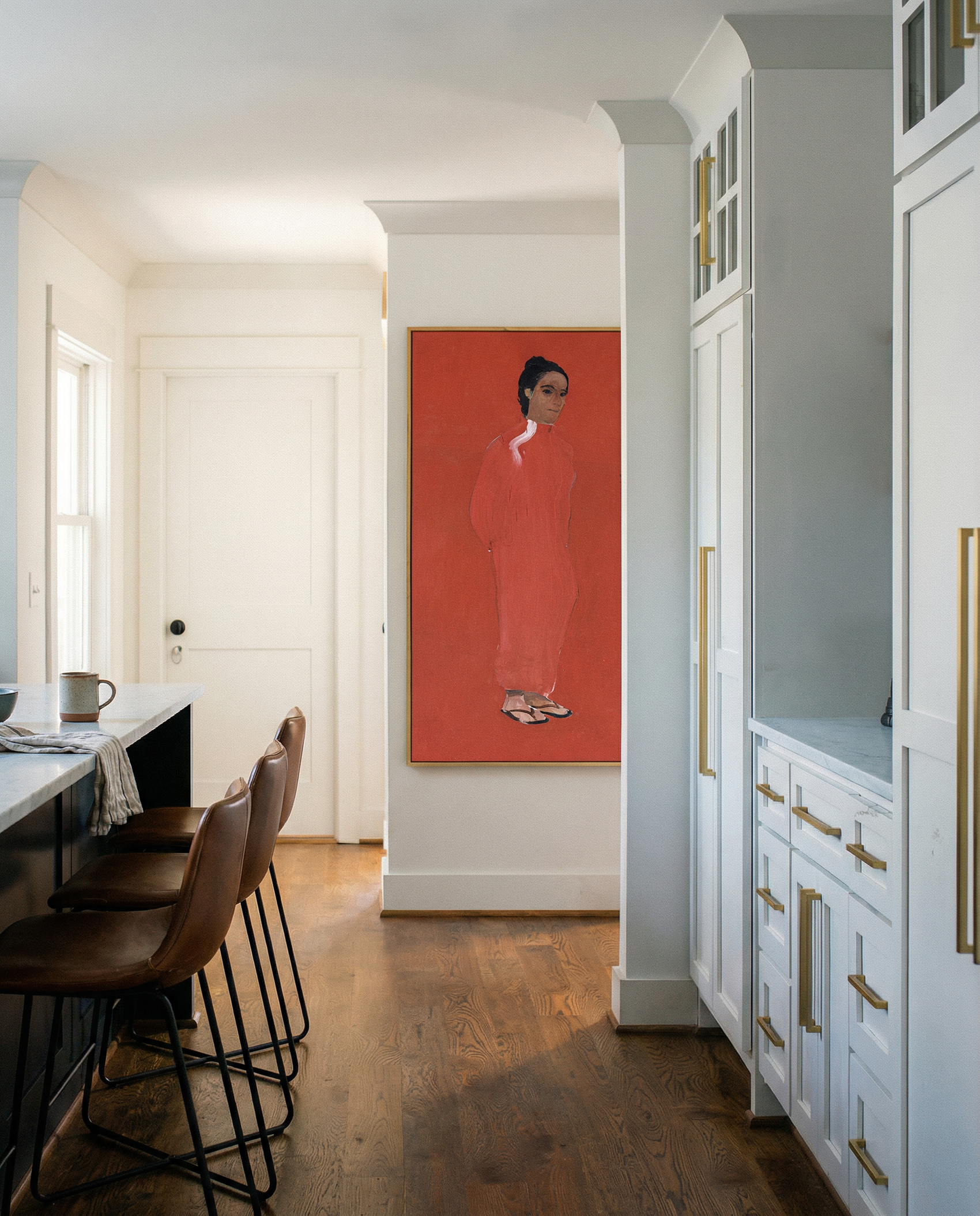 Modern kitchen interior with a red painting on the wall The Woman in Red – Portrait Canvas Wall Art | Large Luxury Print | Brume Art