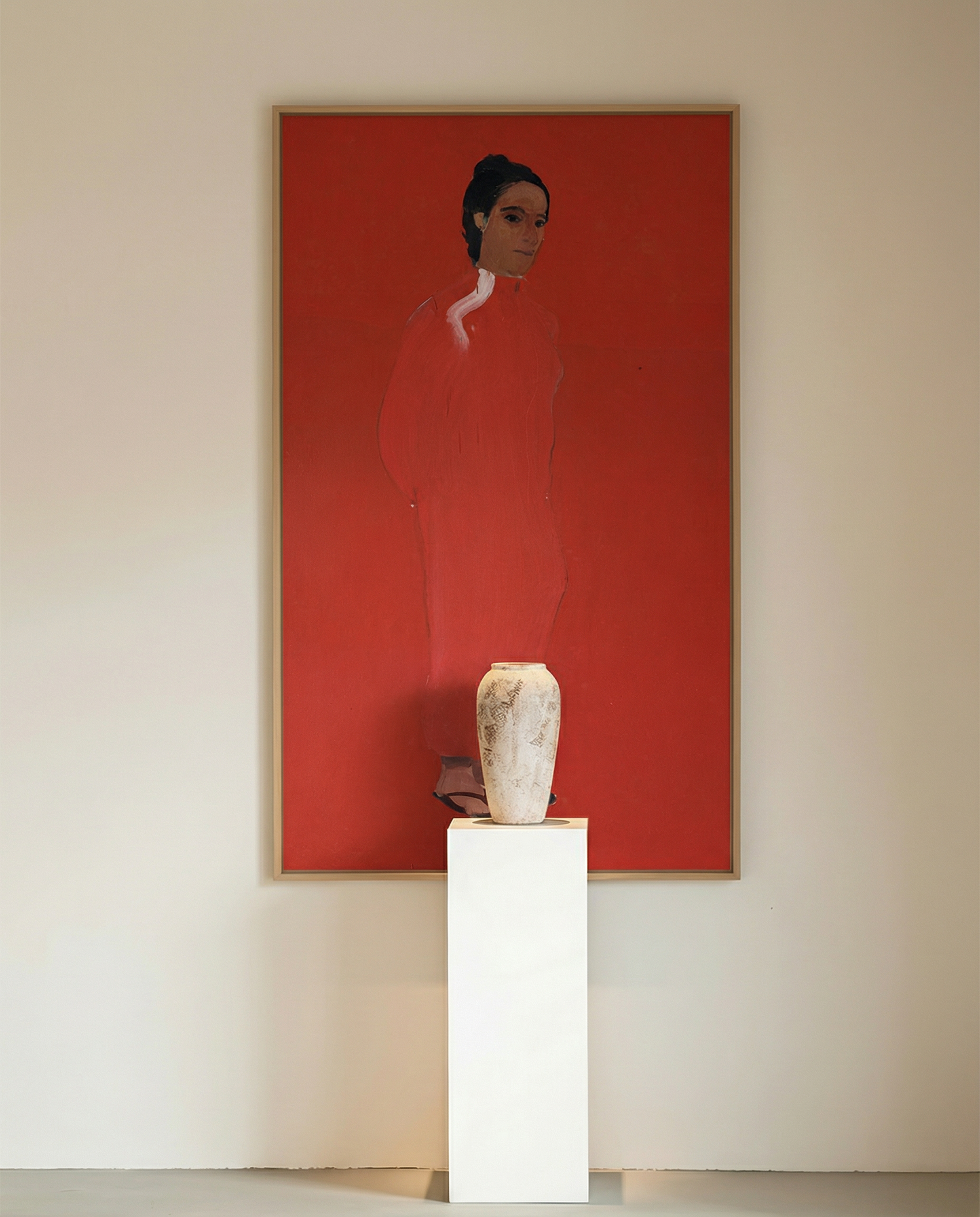 Artistic depiction of a figure against a red background with a white vase on a pedestal below. The Woman in Red – Portrait Canvas Wall Art | Large Luxury Print | Brume Art