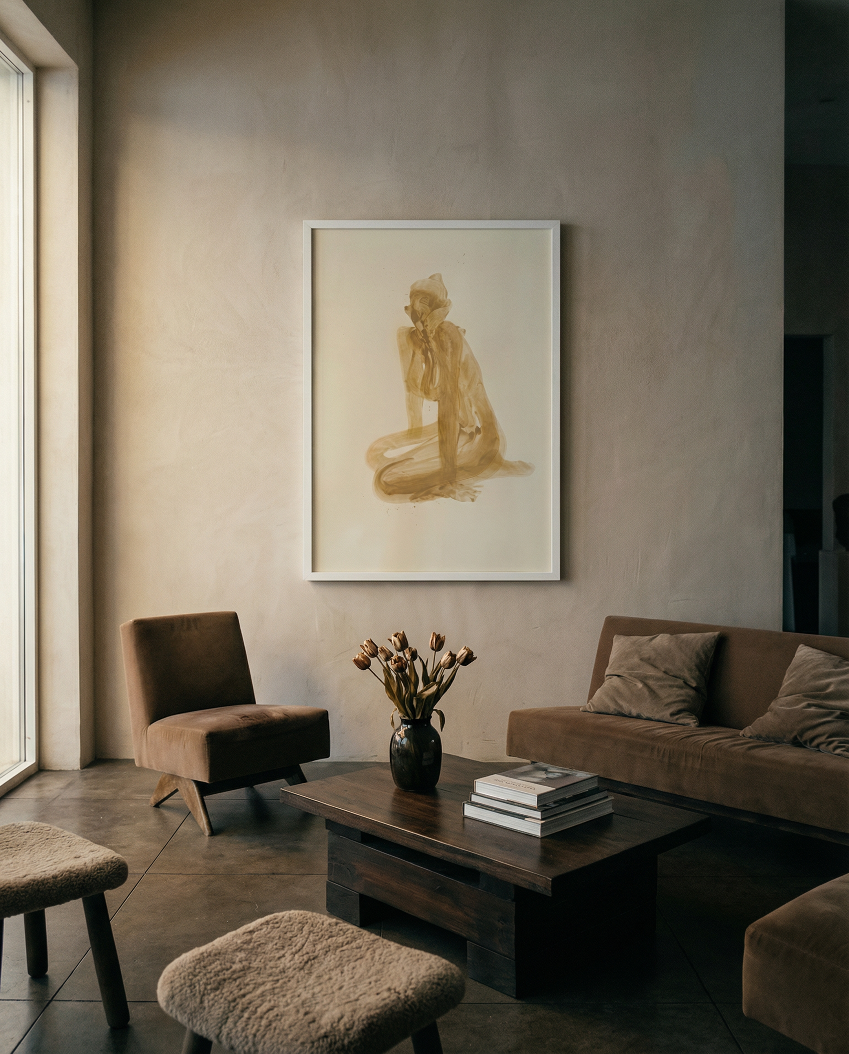 Modern living room with a brown sofa, armchair, and coffee table with a vase of flowers. Still 3 – Serene Abstract Canvas Print | Premium Luxury Wall Art | Brume Art