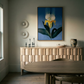 Dining room with wooden sideboard, round table, and floral artwork on the wall. Iris – Botanical Canvas Wall Art | Premium Luxury Print | Brume Art