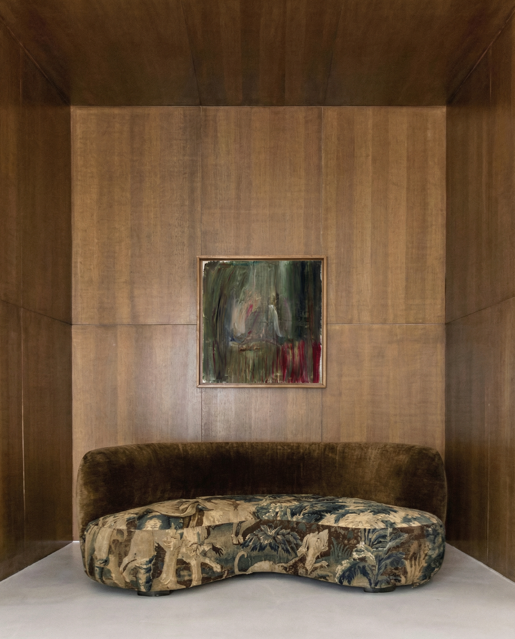 Decorative sofa with patterned cushions against a wooden paneled wall with a painting. Field green – Bold Abstract Canvas Wall Art | Large Luxury Print | Brume Art 