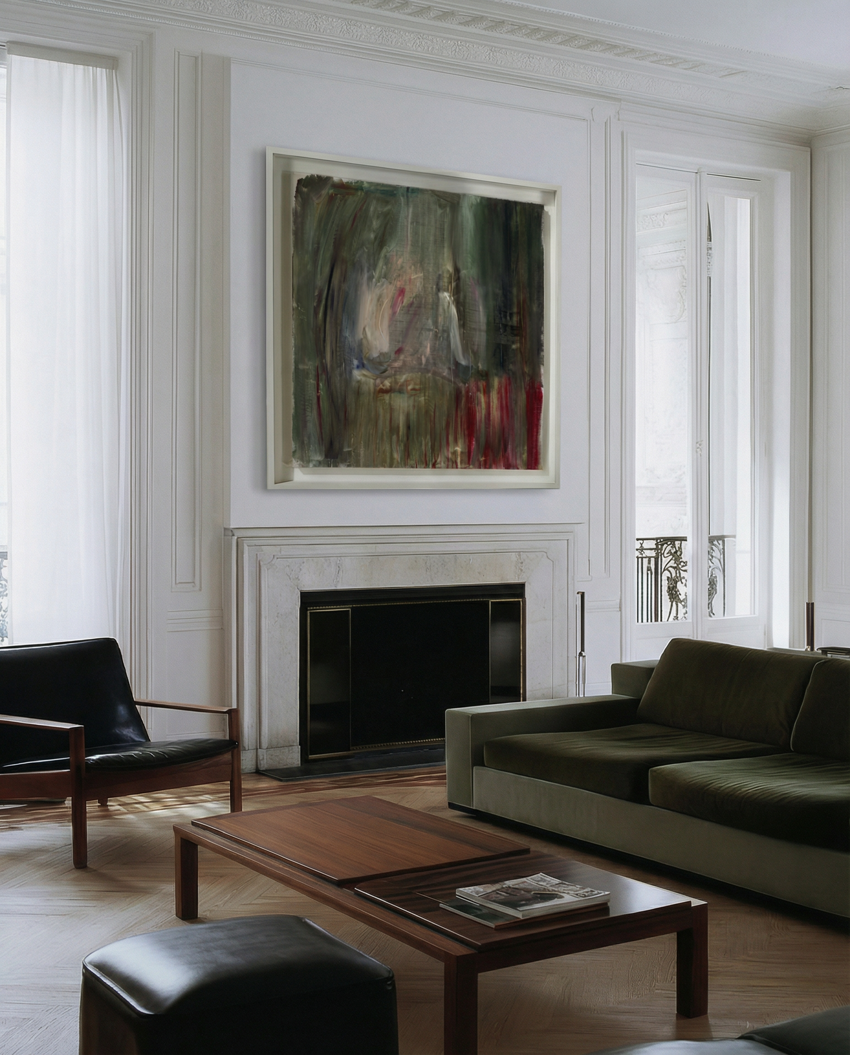 Modern living room with a fireplace, sofa, and abstract painting. Field green – Bold Abstract Canvas Wall Art | Large Luxury Print | Brume Art 